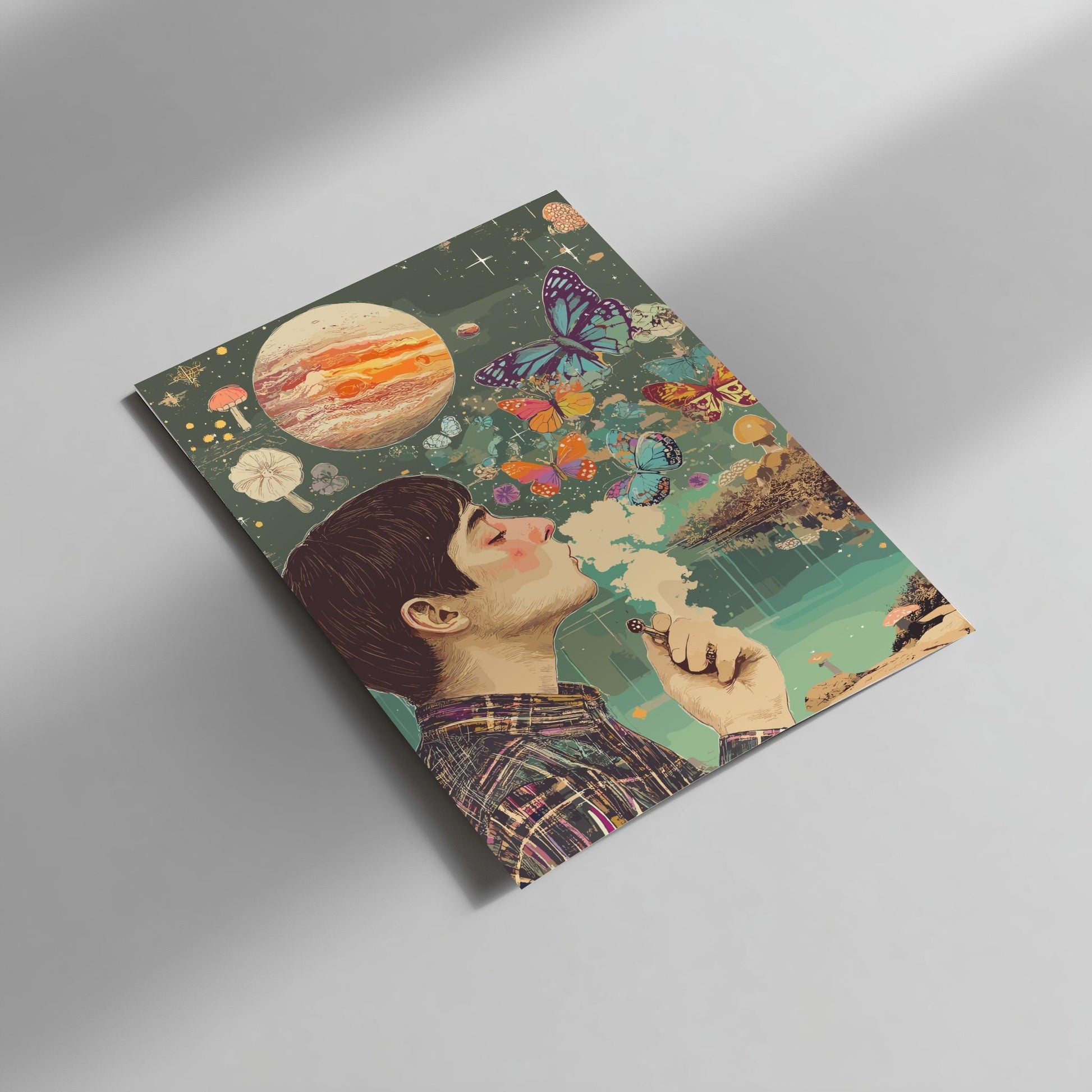Smoke Signals Poster – Surreal Figure Exhaling Smoke Butterflies, Alien Lake with Mushrooms & Rising Planet Wall Art