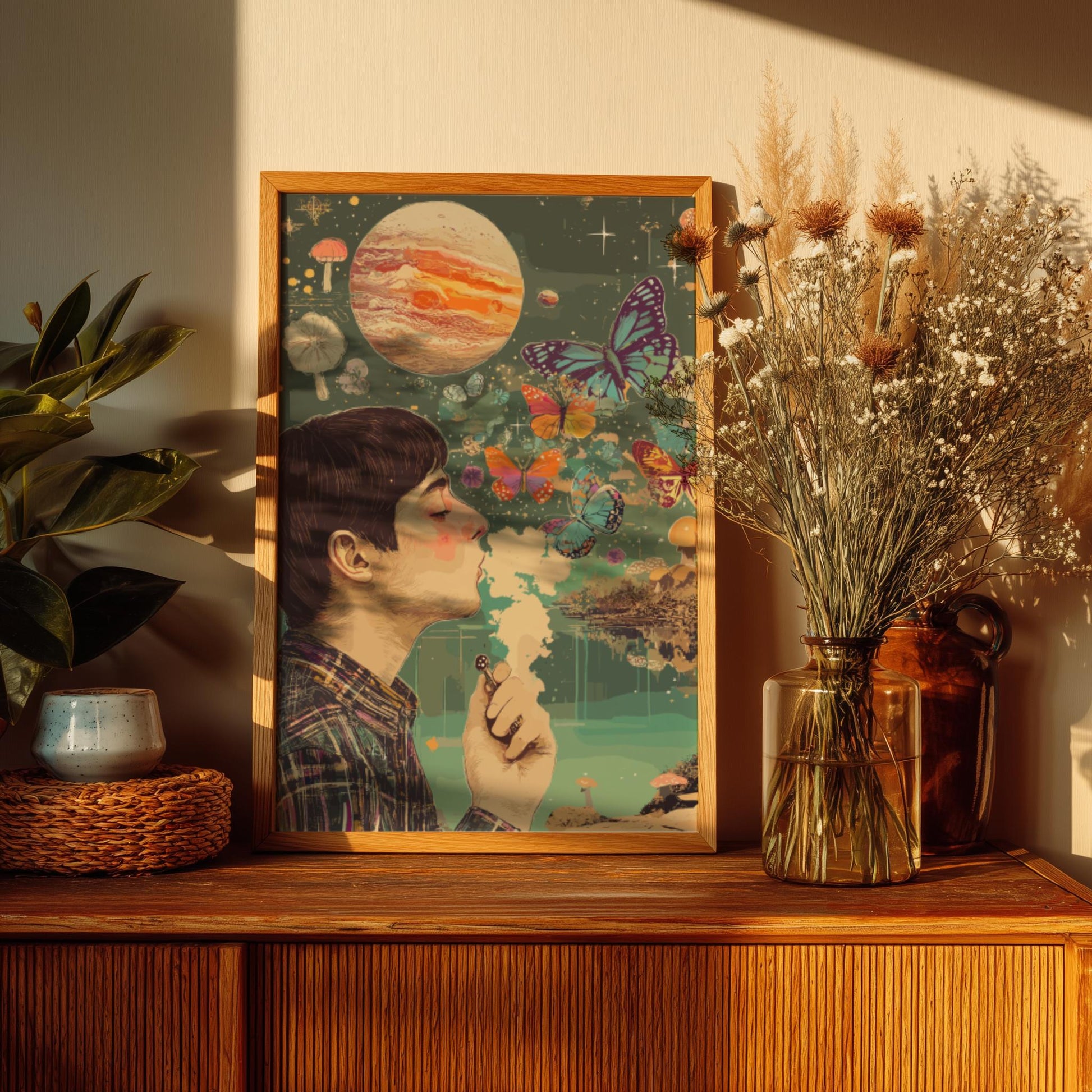 Smoke Signals Poster – Surreal Figure Exhaling Smoke Butterflies, Alien Lake with Mushrooms & Rising Planet Wall Art