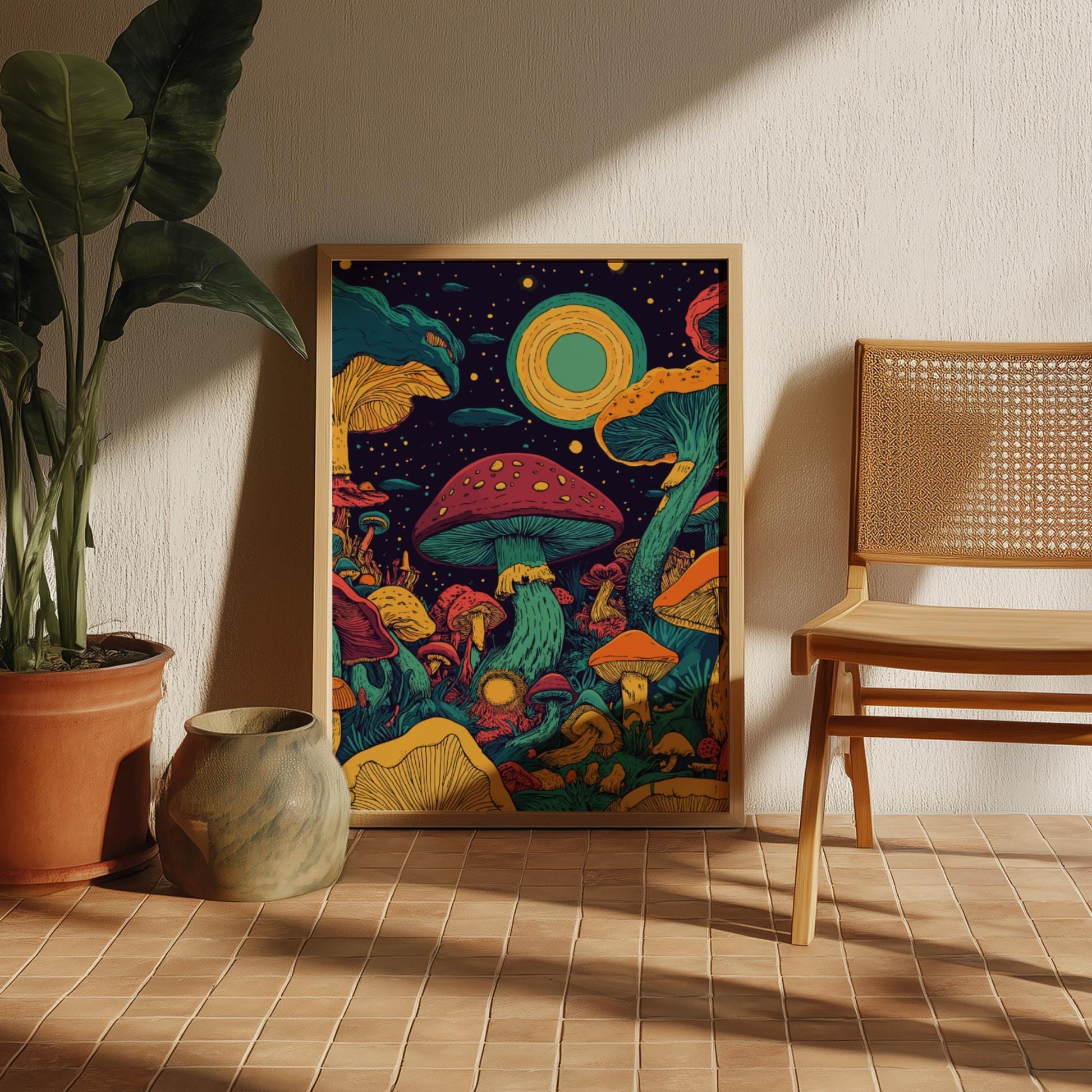 Mystic Mycelium Poster – Surreal Magical Mushroom Forest Wall Art, Glowing Fungi & Cosmic Light Fantasy Landscape Print