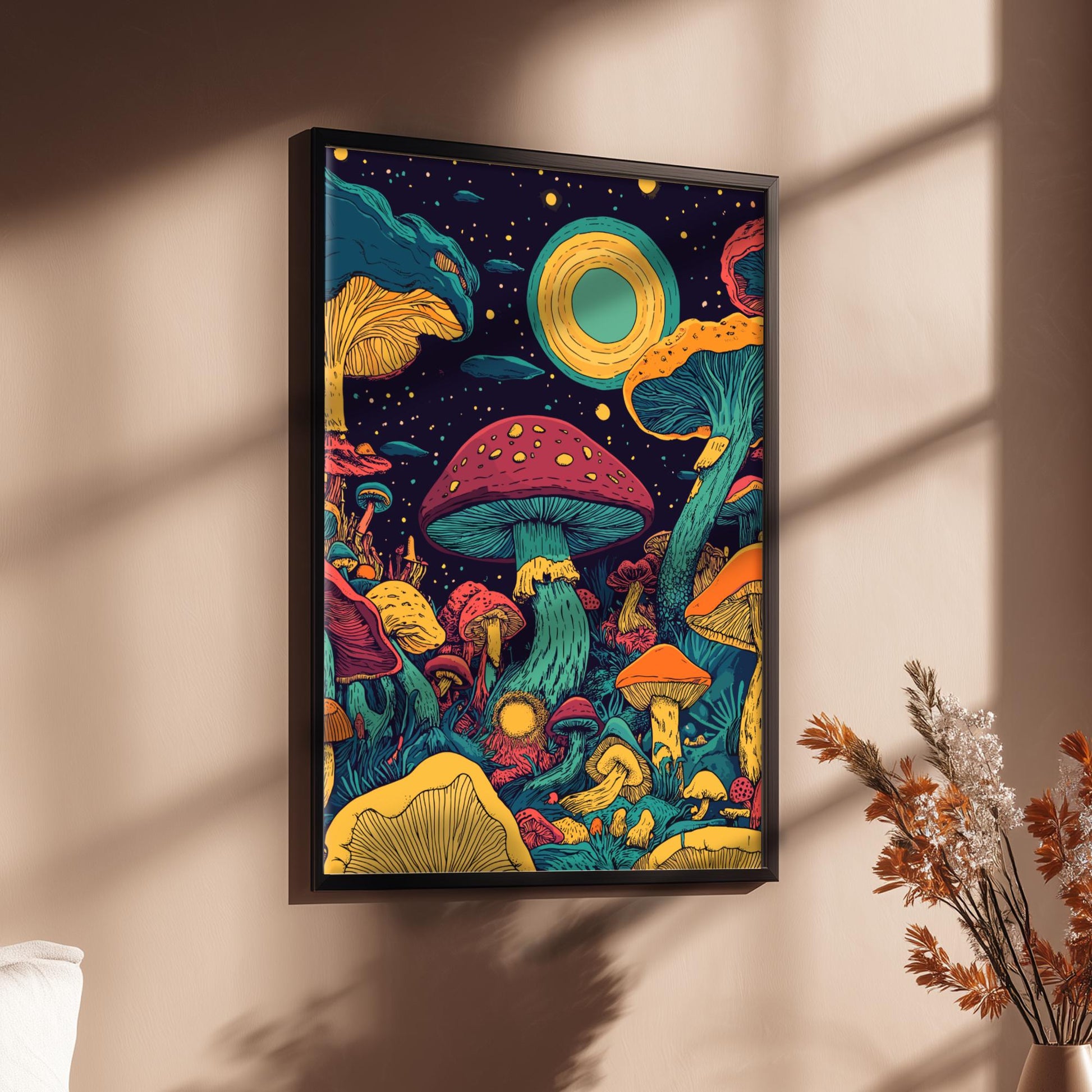 Mystic Mycelium Poster – Surreal Magical Mushroom Forest Wall Art, Glowing Fungi & Cosmic Light Fantasy Landscape Print