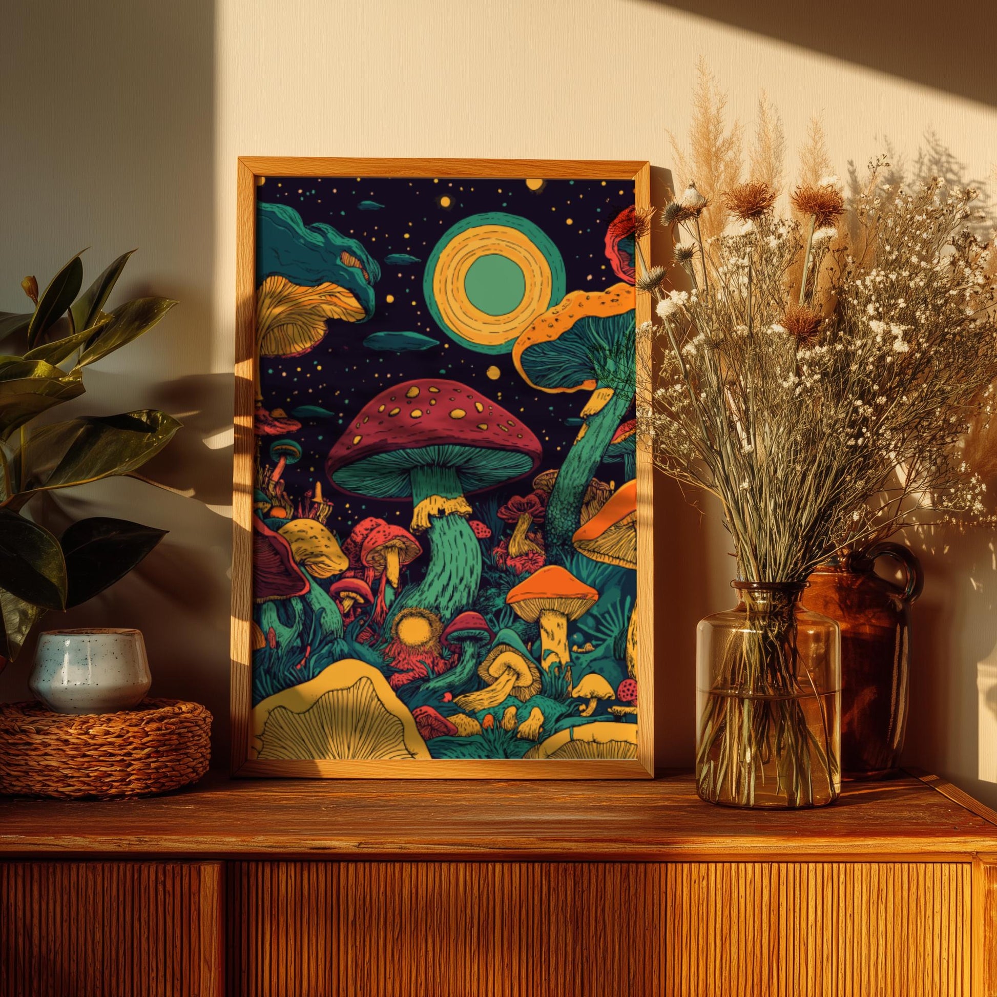Mystic Mycelium Poster – Surreal Magical Mushroom Forest Wall Art, Glowing Fungi & Cosmic Light Fantasy Landscape Print