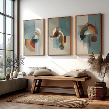 Modern Abstract Wall Art Set of 3 – Mid Century Geometric Prints in Earth Tones, Contemporary Boho Minimalist Poster Set