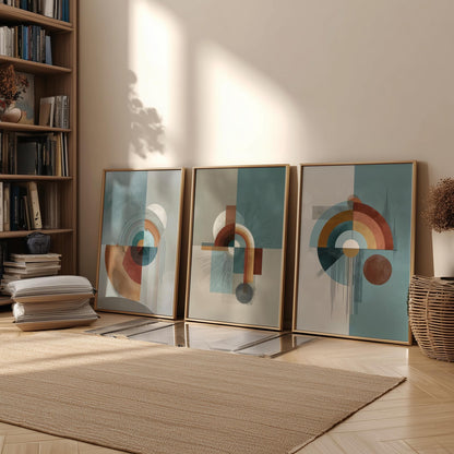 Modern Abstract Wall Art Set of 3 – Mid Century Geometric Prints in Earth Tones, Contemporary Boho Minimalist Poster Set