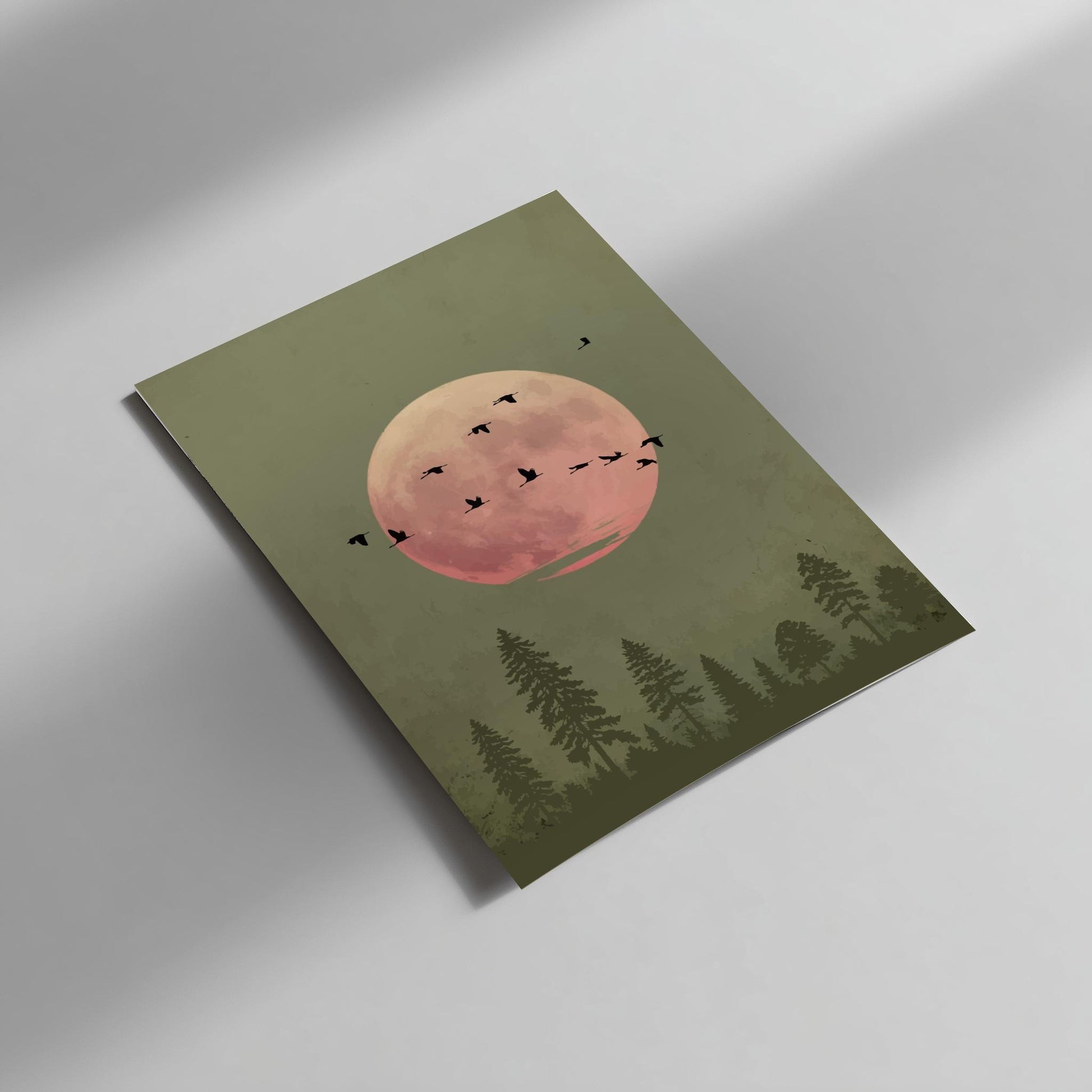 Green Moon Forest Print – Minimalist Nature Wall Art, Bird Silhouette Poster, Mystical Landscape Home Decor