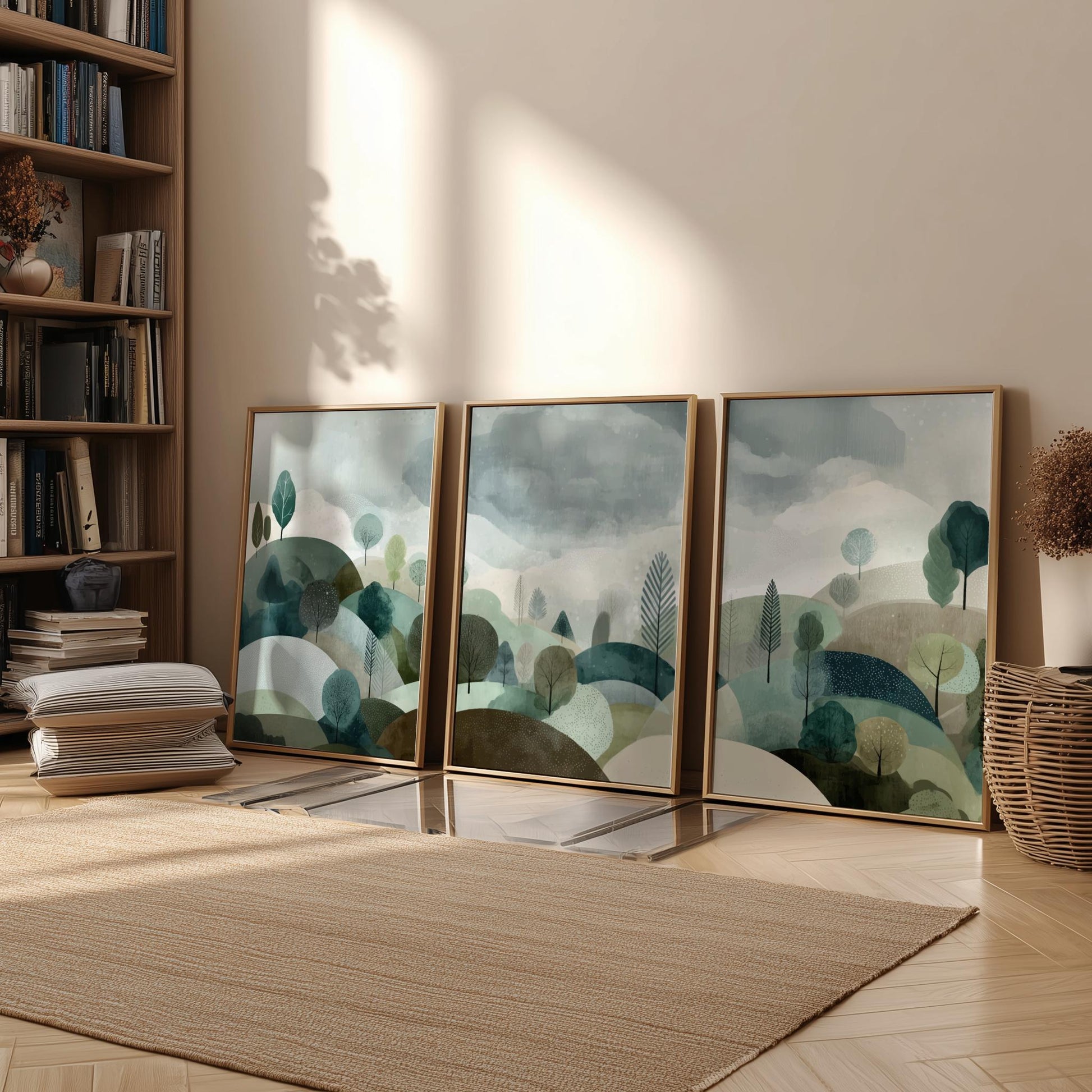 Set of 3 Green Mountain and Forest Prints – Nature Wall Art, Minimalist Landscape Poster Set with Trees for Modern Home Decor