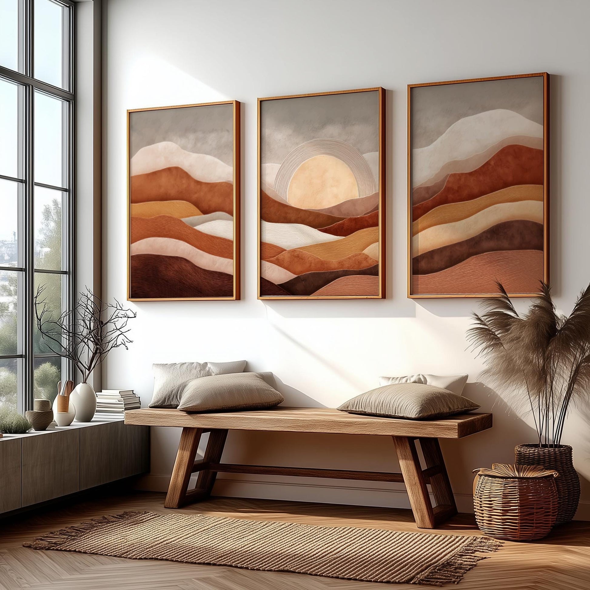 Set of 3 Sunset Mountain Prints – Earth Tone Wall Art, Brown Minimalist Landscape Poster Set for Modern Boho Home