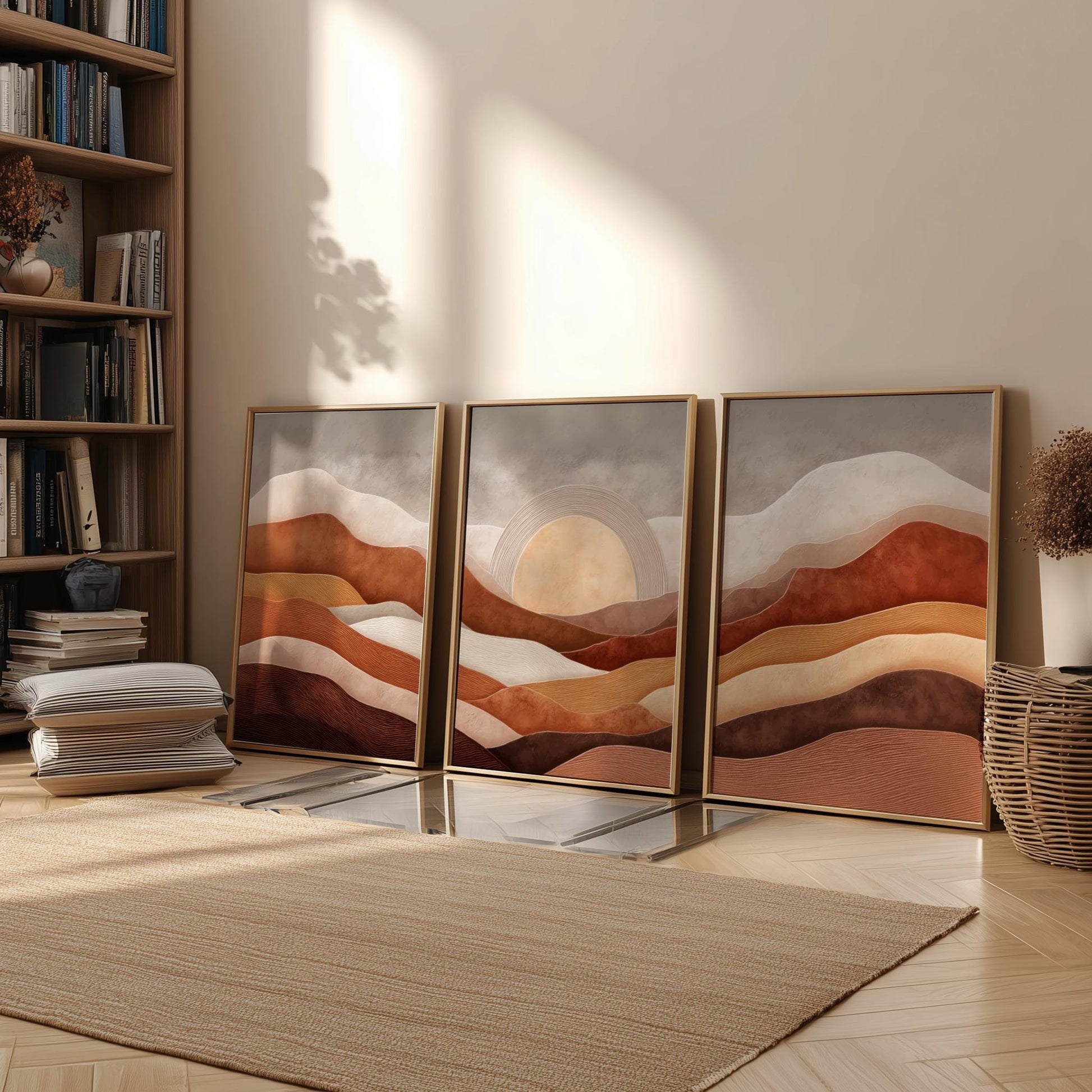Set of 3 Sunset Mountain Prints – Earth Tone Wall Art, Brown Minimalist Landscape Poster Set for Modern Boho Home