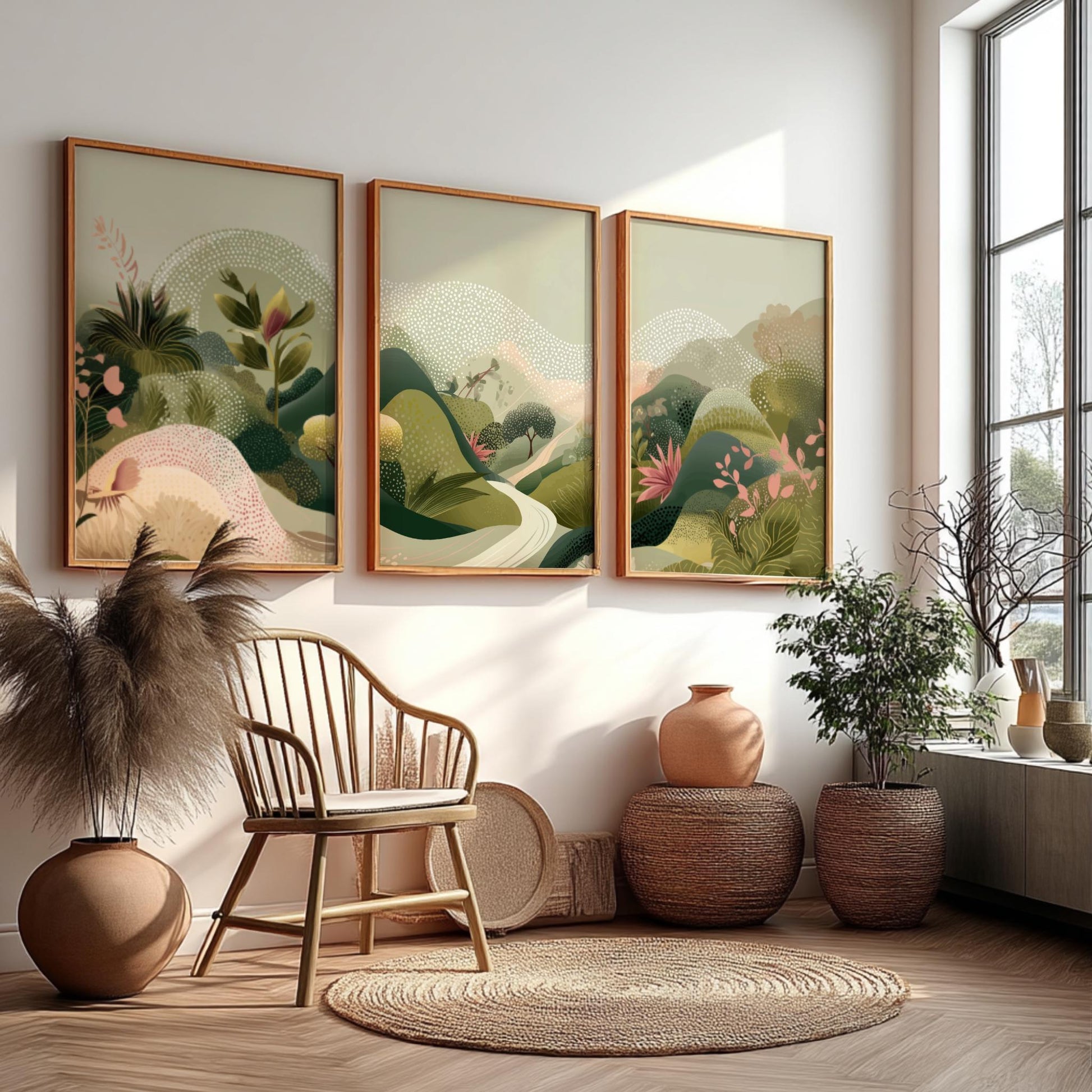 Scenic Mountain Road Wall Art – Nature Poster Set of 3, Serene Landscape Prints with Mountains and Road for Modern Home Decor