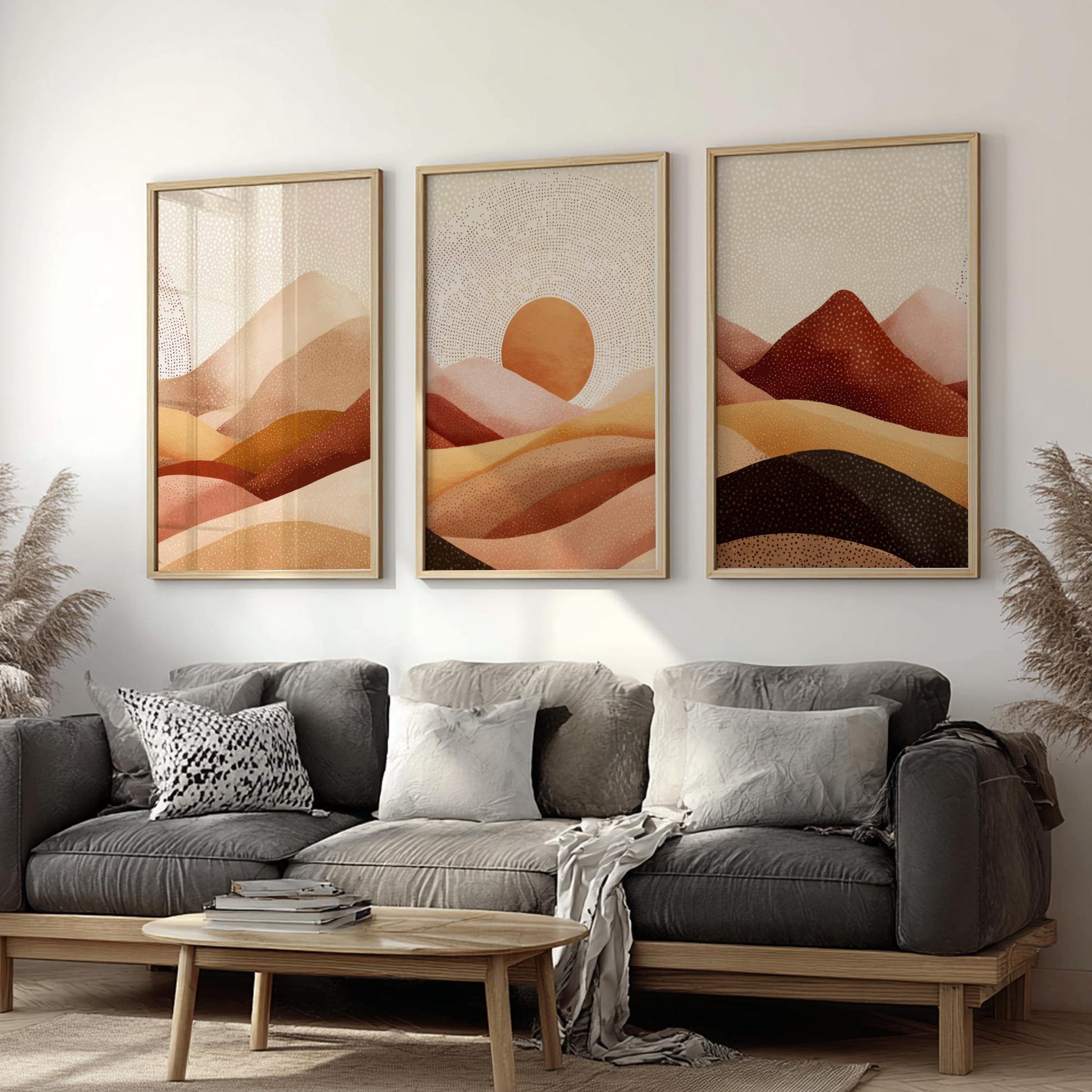 Mountain Wall Art Set – Green and Brown Landscape Posters with Setting Sun, Earthy Nature Prints for Calm Interior Spaces