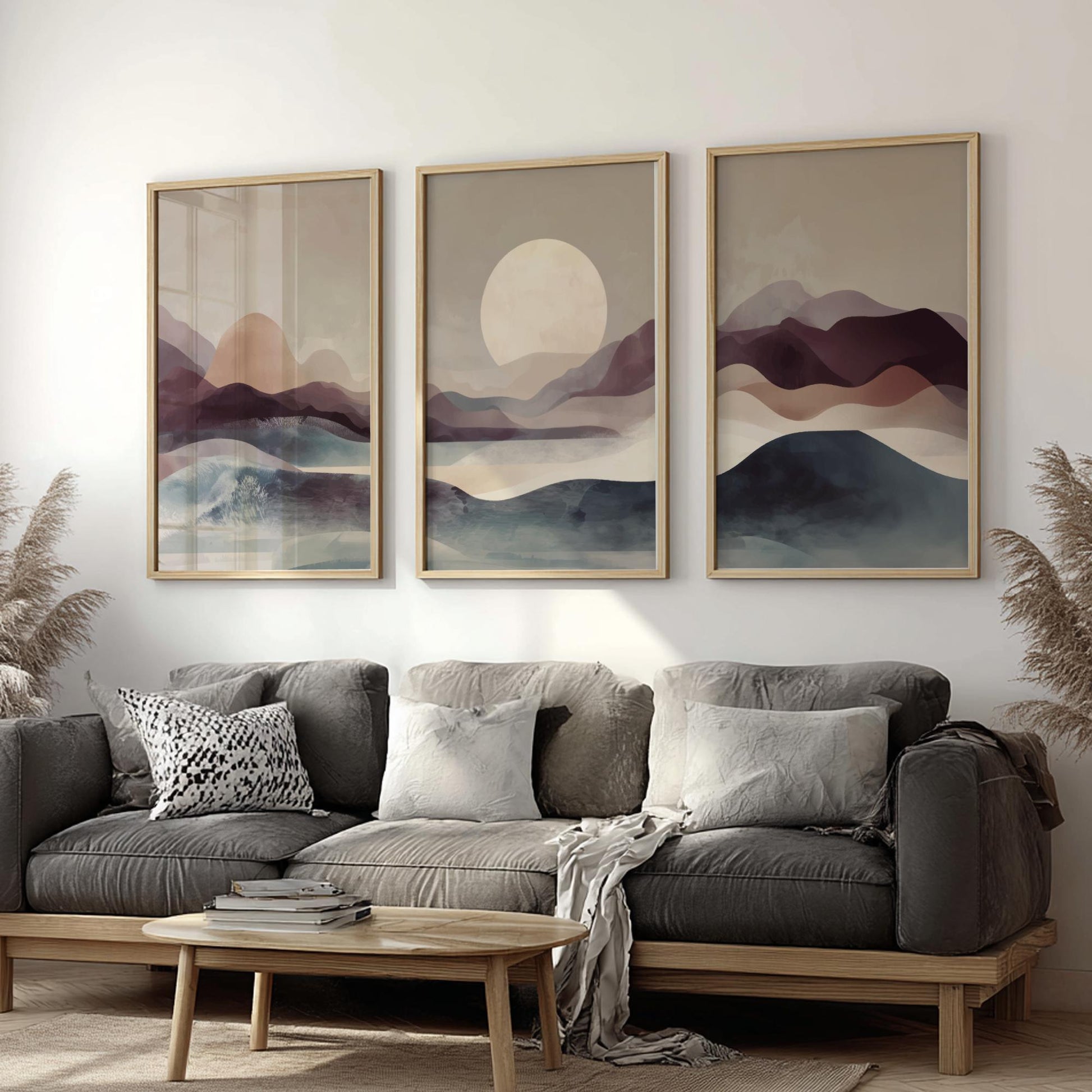 Mountain Sunset Wall Art – Brown and Blue Landscape Poster Set of 3, Tranquil Nature Prints for Modern or Rustic Decor