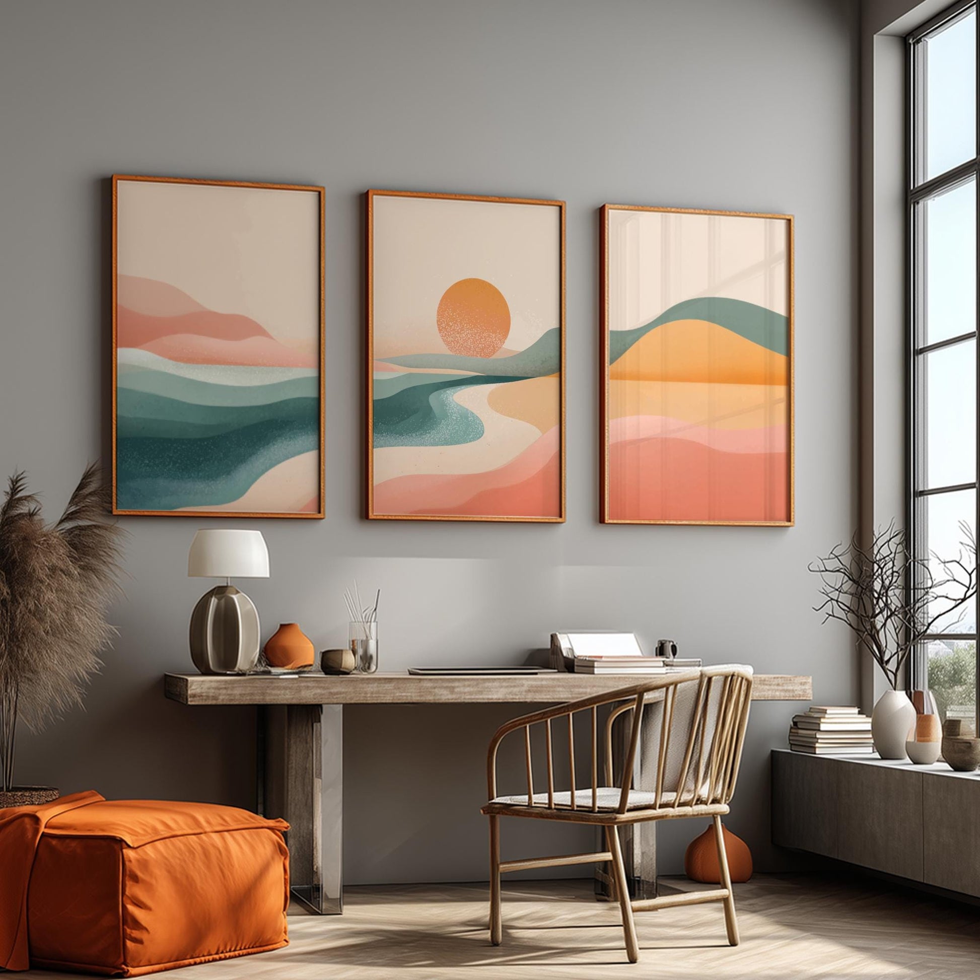 Blue and Pink Mountain Sunset Wall Art – Landscape Poster Set of 3, Serene Nature Prints for Bedroom or Living Room Decor