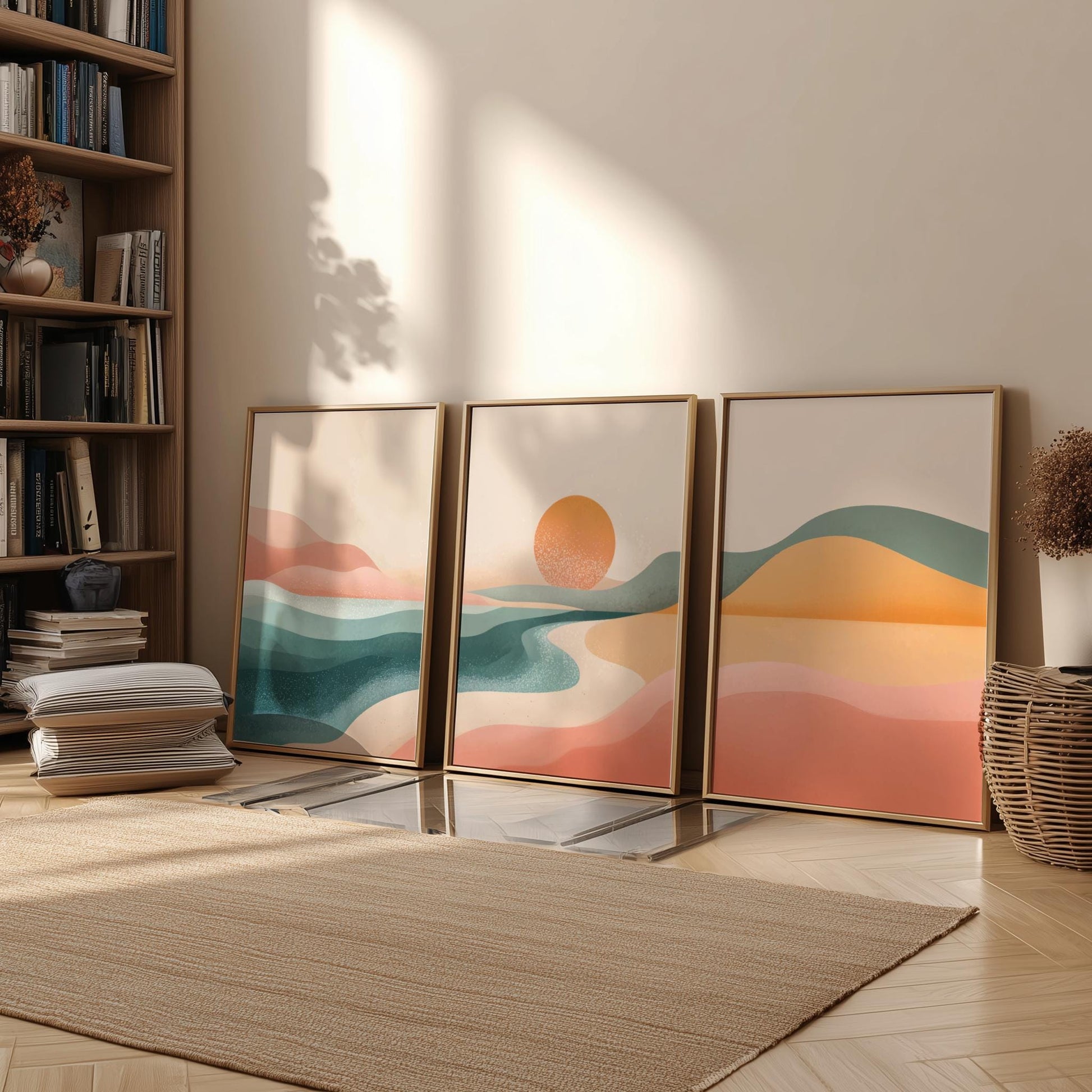 Blue and Pink Mountain Sunset Wall Art – Landscape Poster Set of 3, Serene Nature Prints for Bedroom or Living Room Decor
