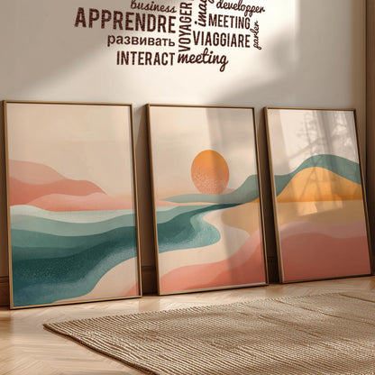 Blue and Pink Mountain Sunset Wall Art – Landscape Poster Set of 3, Serene Nature Prints for Bedroom or Living Room Decor