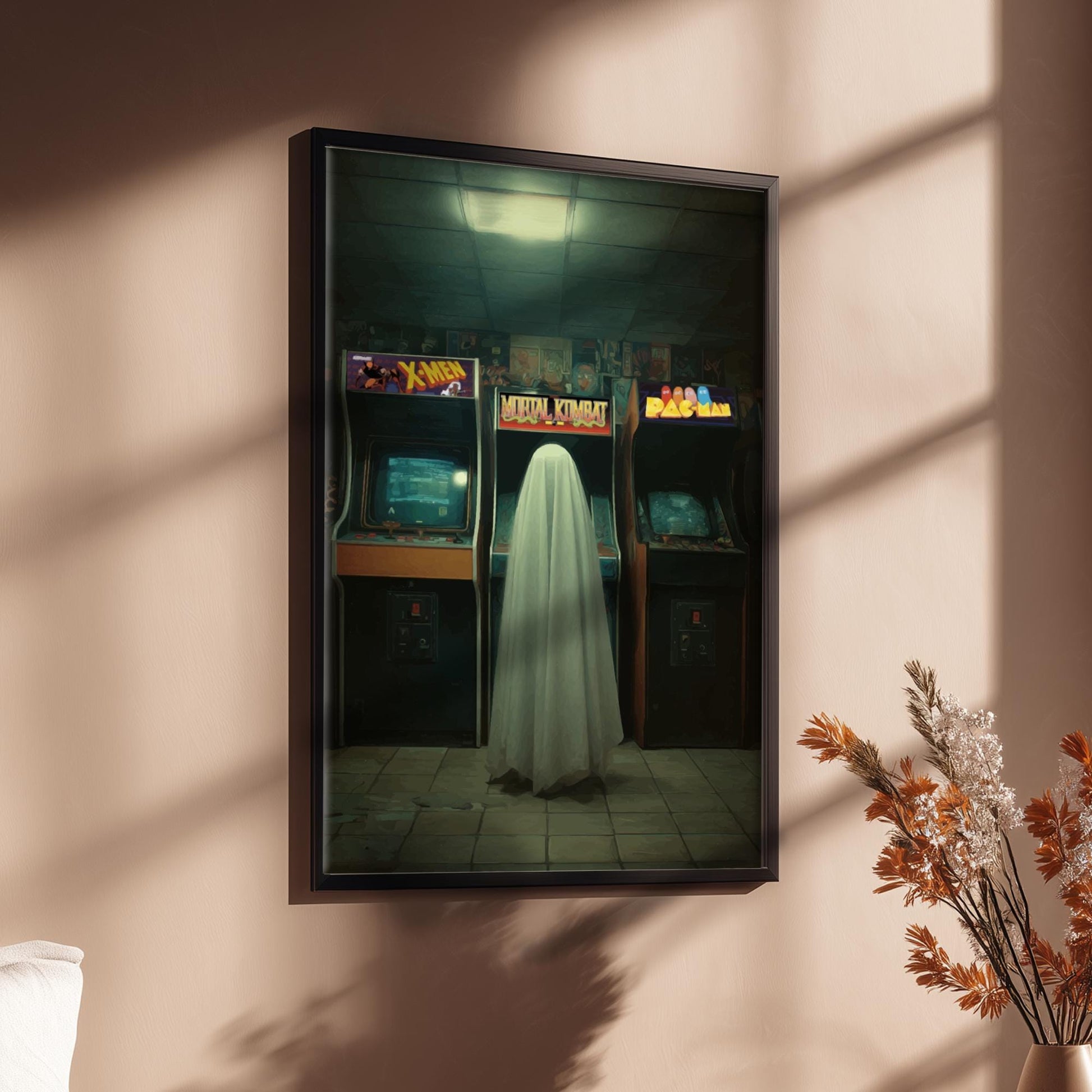 Arcade Ghost Poster – Retro Vaporwave Wall Art, 80s Neon Arcade Print, Surreal Liminal Space Aesthetic Decor