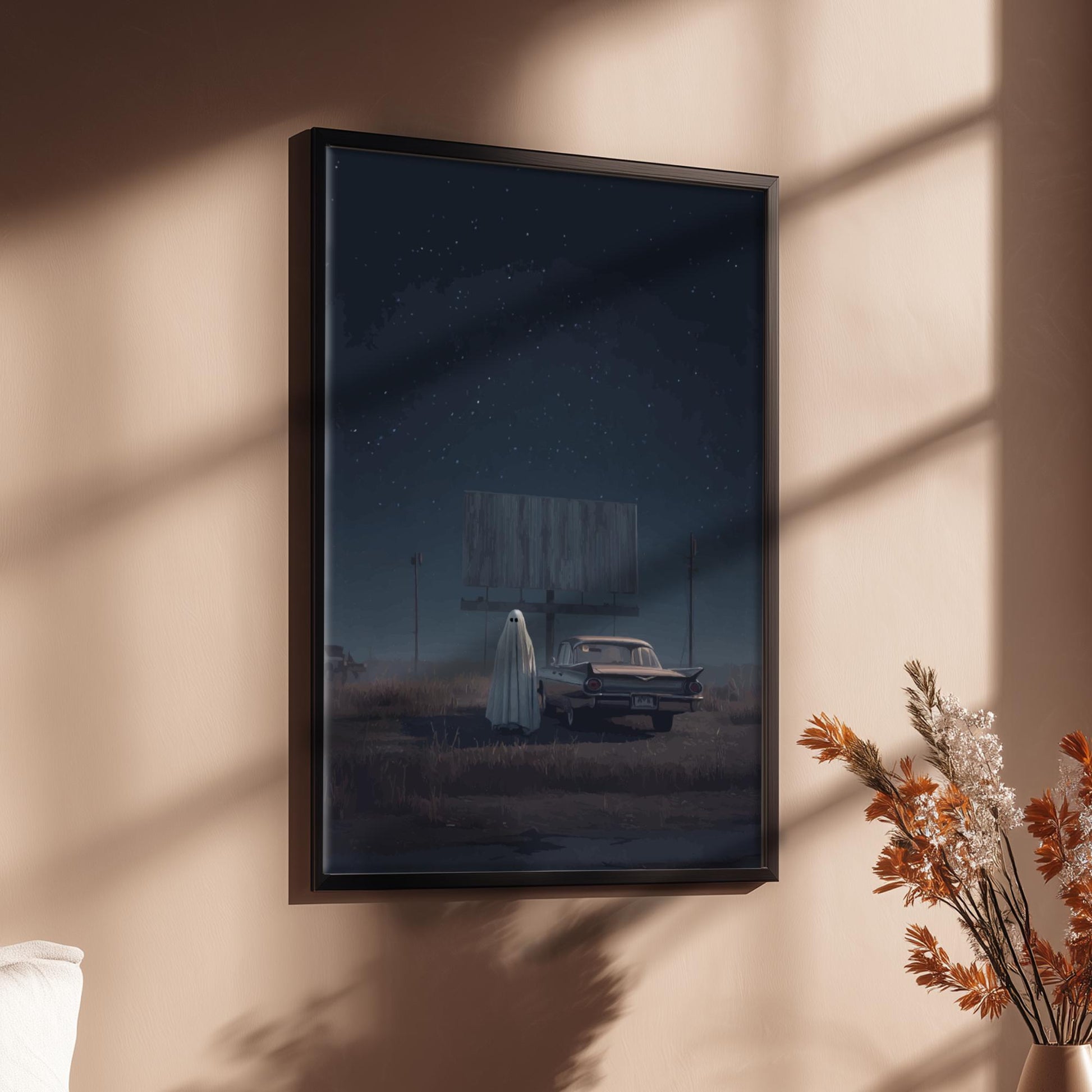 Ghost at Drive-In Poster – Surreal Retro Cinema Wall Art, Dreamcore Ghost Print, Vaporwave Night Aesthetic Decor