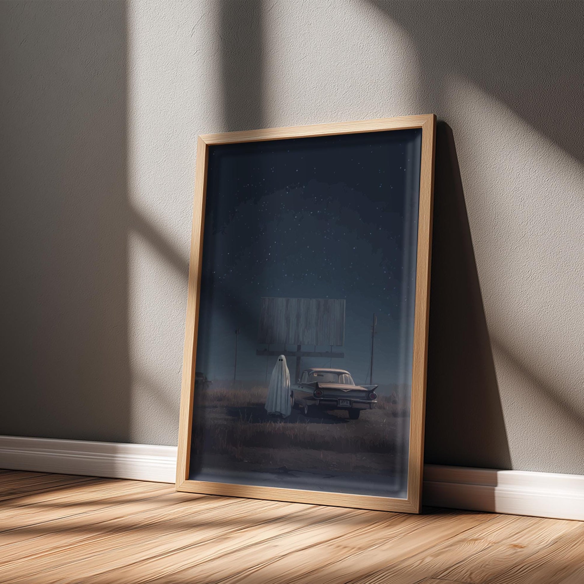 Ghost at Drive-In Poster – Surreal Retro Cinema Wall Art, Dreamcore Ghost Print, Vaporwave Night Aesthetic Decor