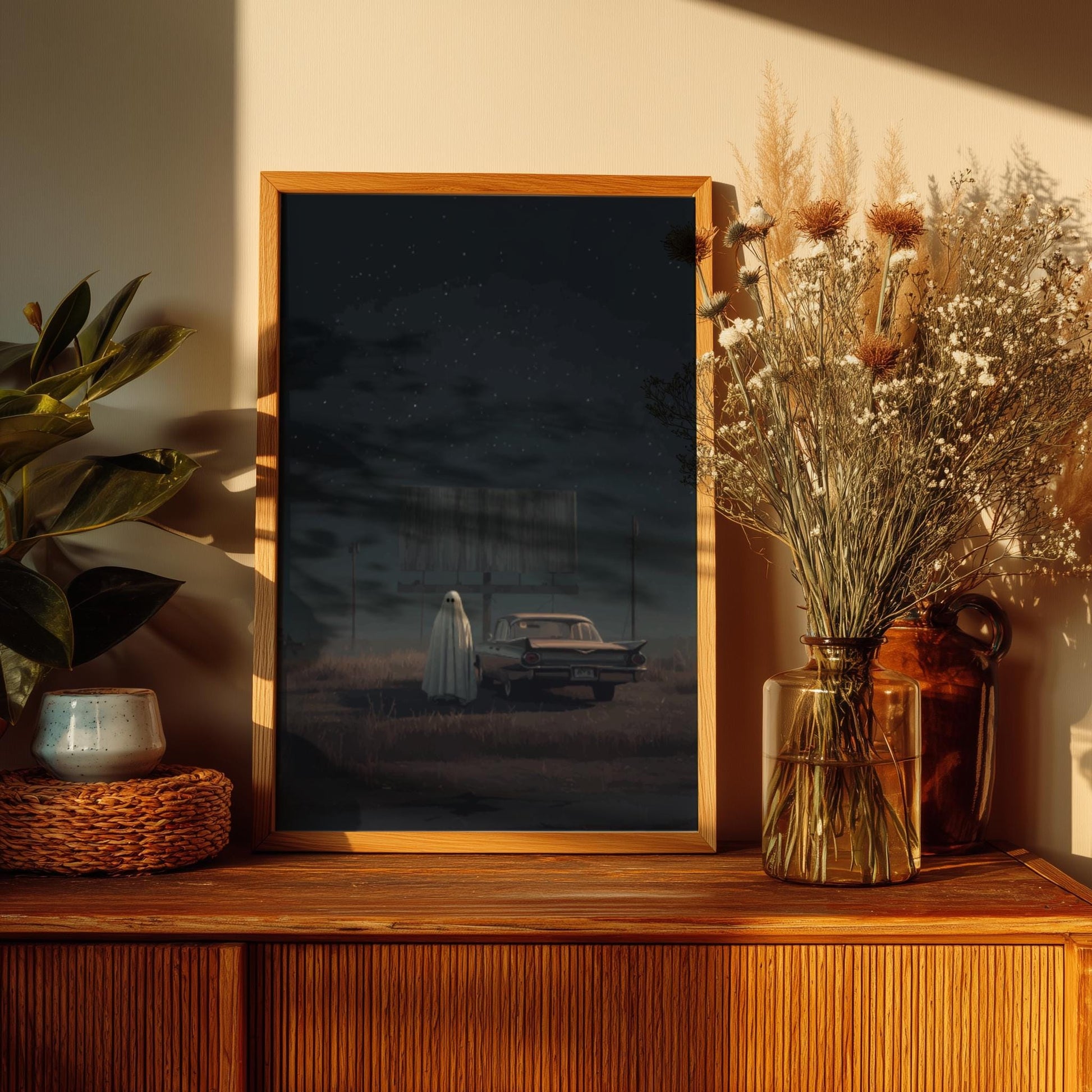 Ghost at Drive-In Poster – Surreal Retro Cinema Wall Art, Dreamcore Ghost Print, Vaporwave Night Aesthetic Decor