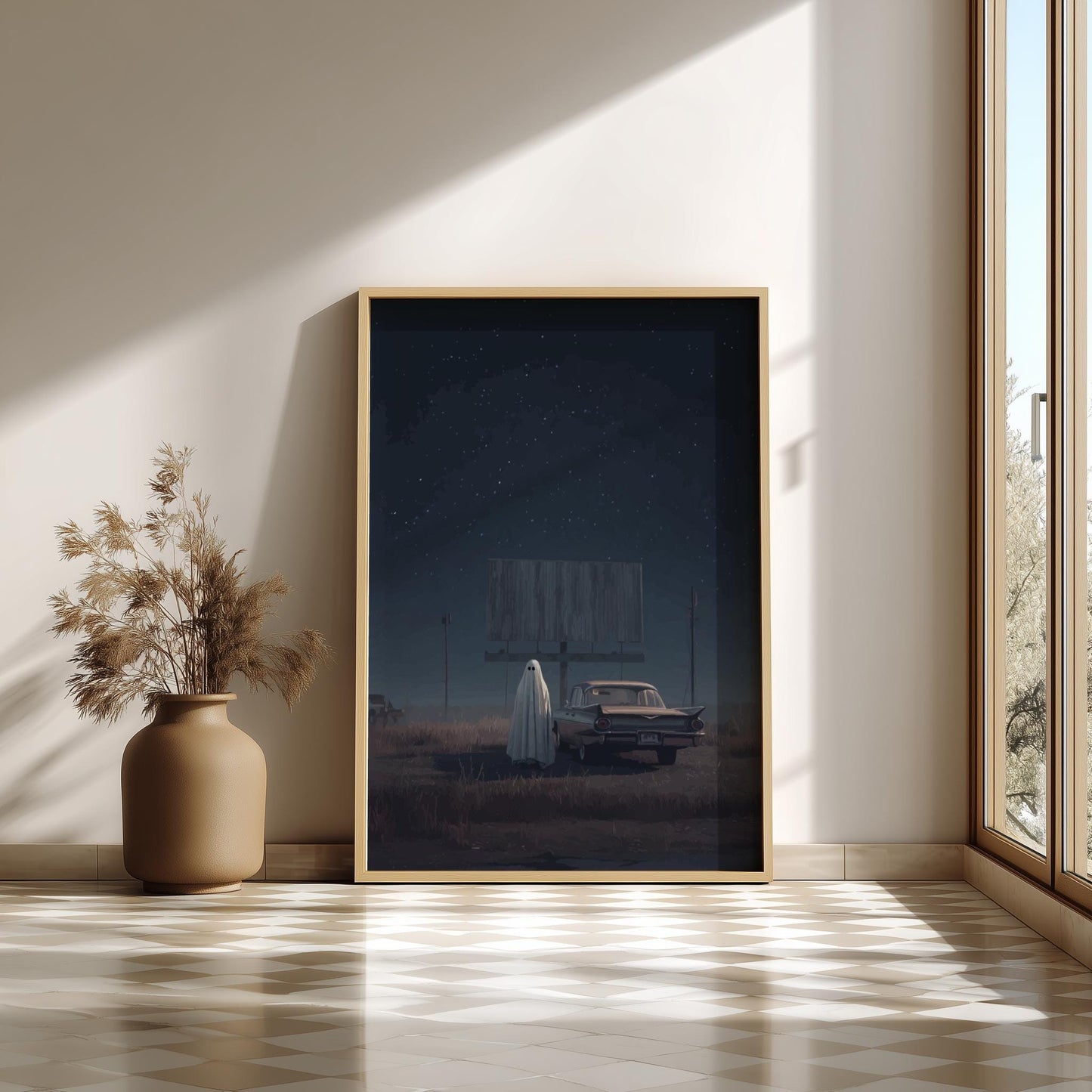 Ghost at Drive-In Poster – Surreal Retro Cinema Wall Art, Dreamcore Ghost Print, Vaporwave Night Aesthetic Decor