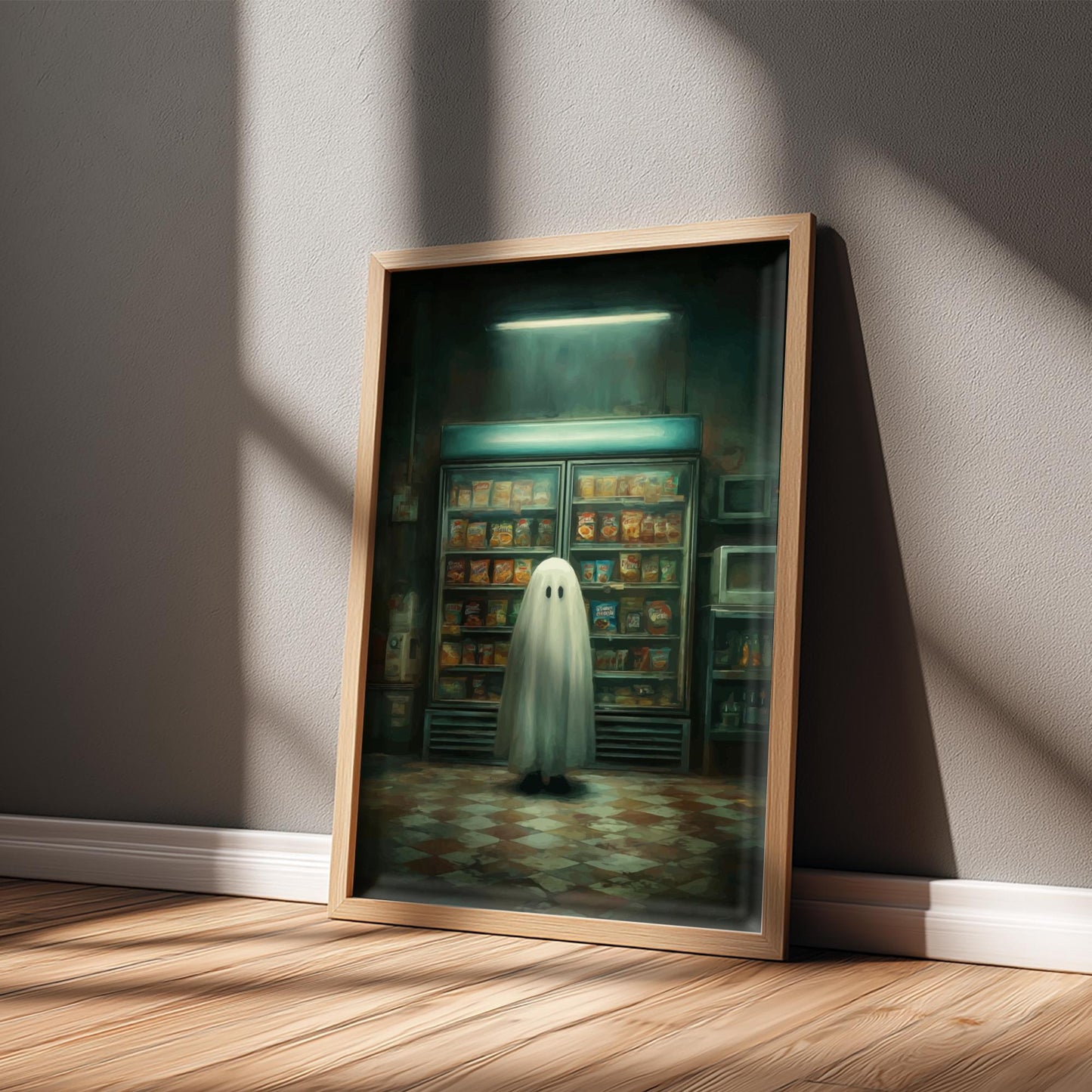 Ghost Convenience Store Poster - Nocturnal Noodle Haunt - Spooky 3AM Ghost Print, Surreal Dreamcore Wall Art