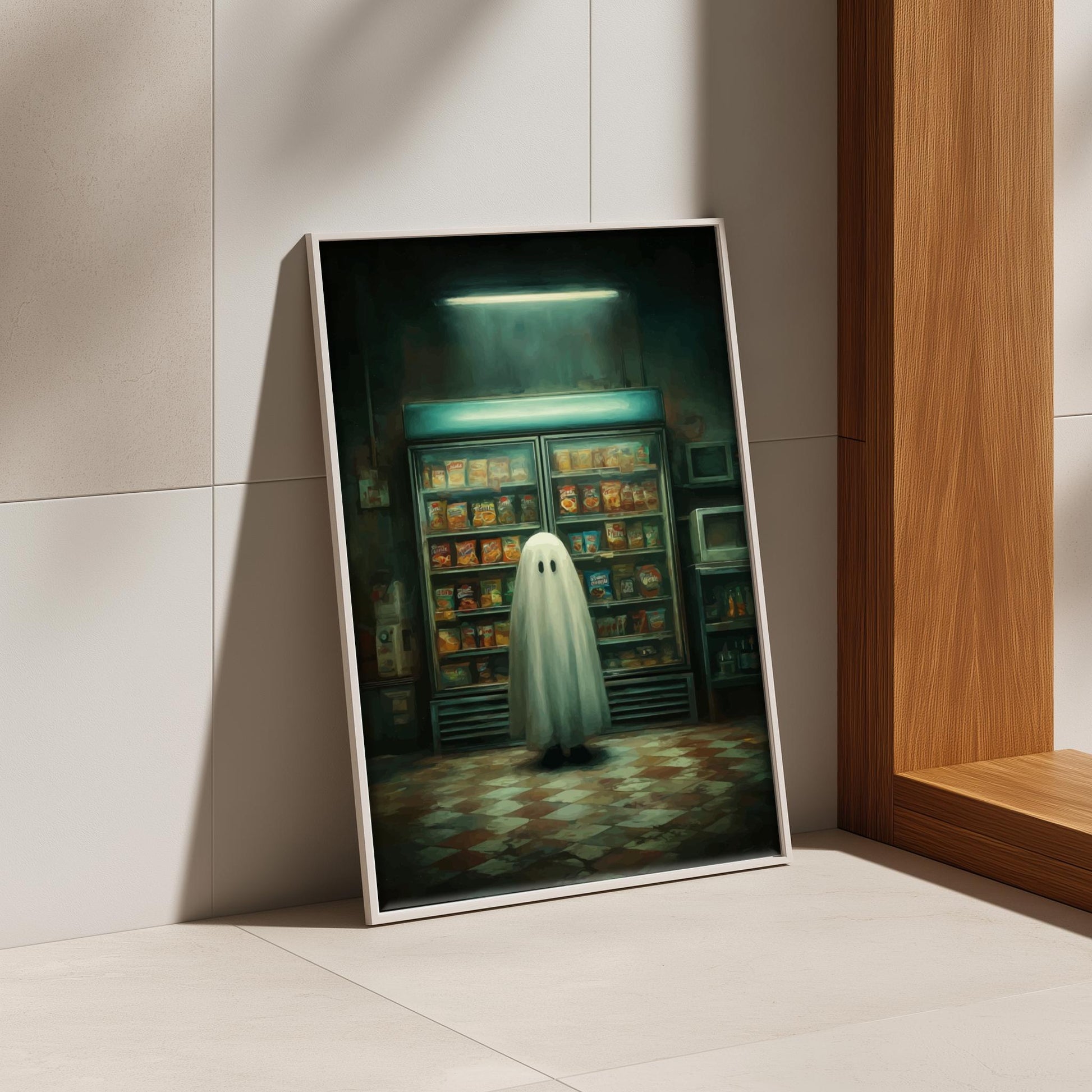 Ghost Convenience Store Poster - Nocturnal Noodle Haunt - Spooky 3AM Ghost Print, Surreal Dreamcore Wall Art