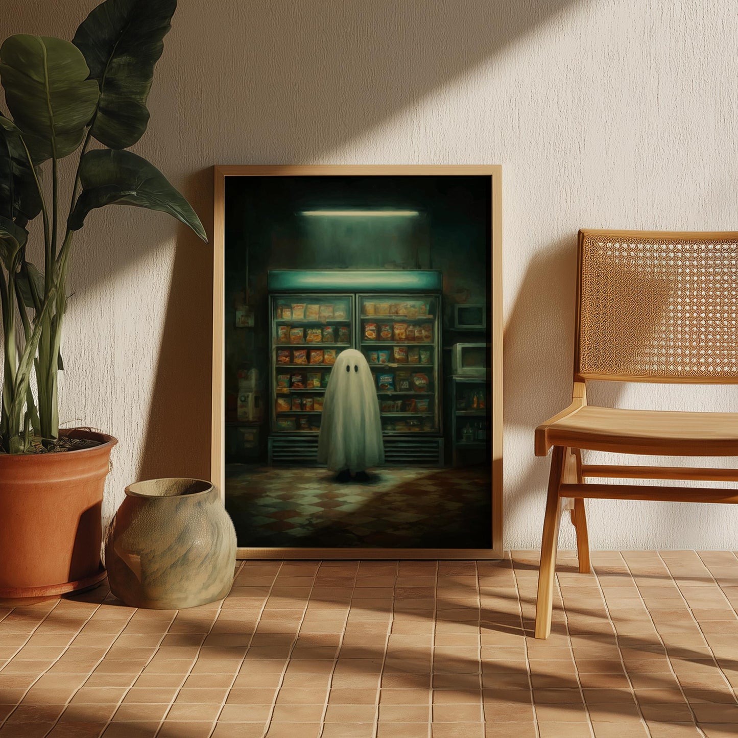 Ghost Convenience Store Poster - Nocturnal Noodle Haunt - Spooky 3AM Ghost Print, Surreal Dreamcore Wall Art