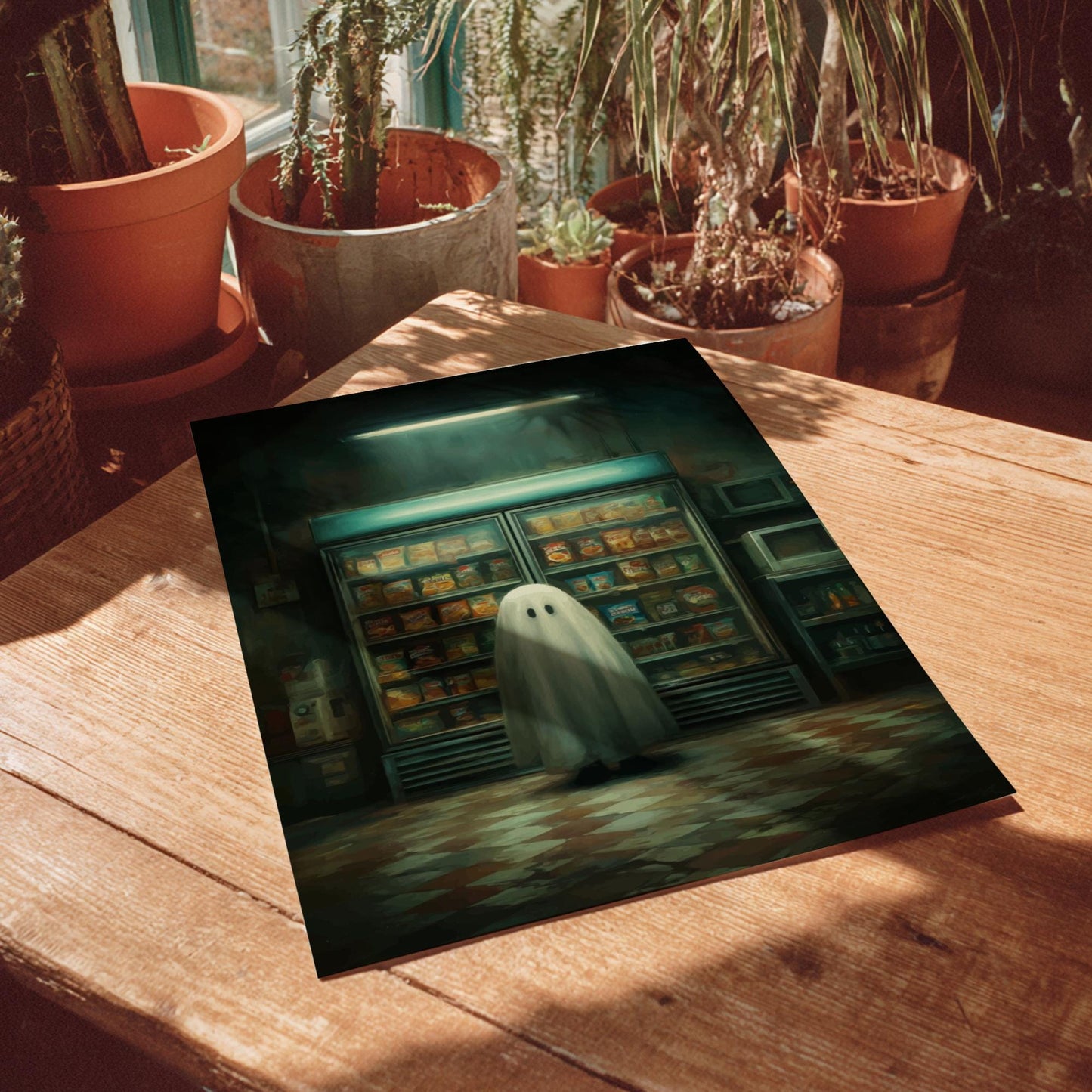 Ghost Convenience Store Poster - Nocturnal Noodle Haunt - Spooky 3AM Ghost Print, Surreal Dreamcore Wall Art
