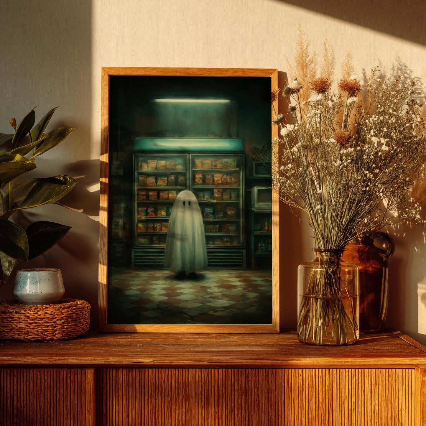 Ghost Convenience Store Poster - Nocturnal Noodle Haunt - Spooky 3AM Ghost Print, Surreal Dreamcore Wall Art