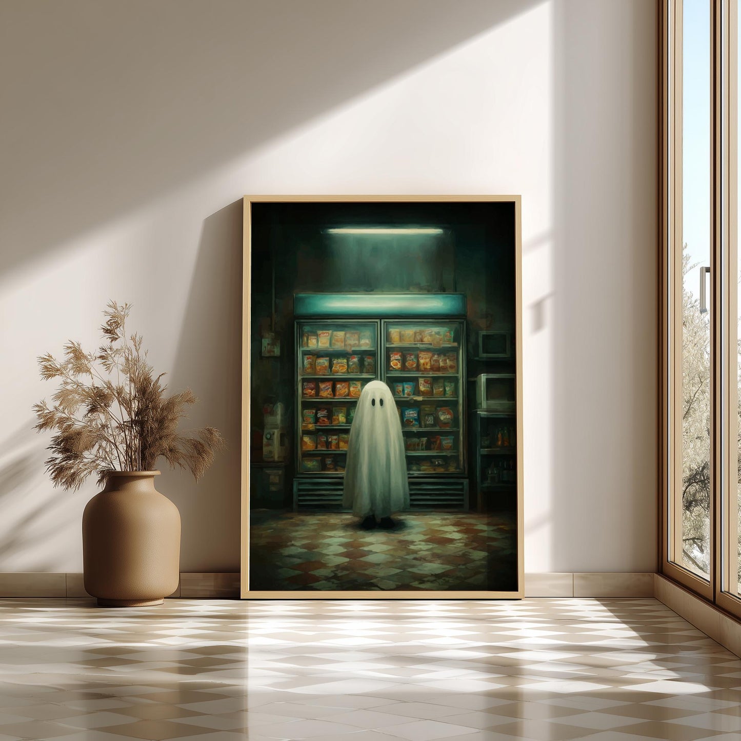 Ghost Convenience Store Poster - Nocturnal Noodle Haunt - Spooky 3AM Ghost Print, Surreal Dreamcore Wall Art