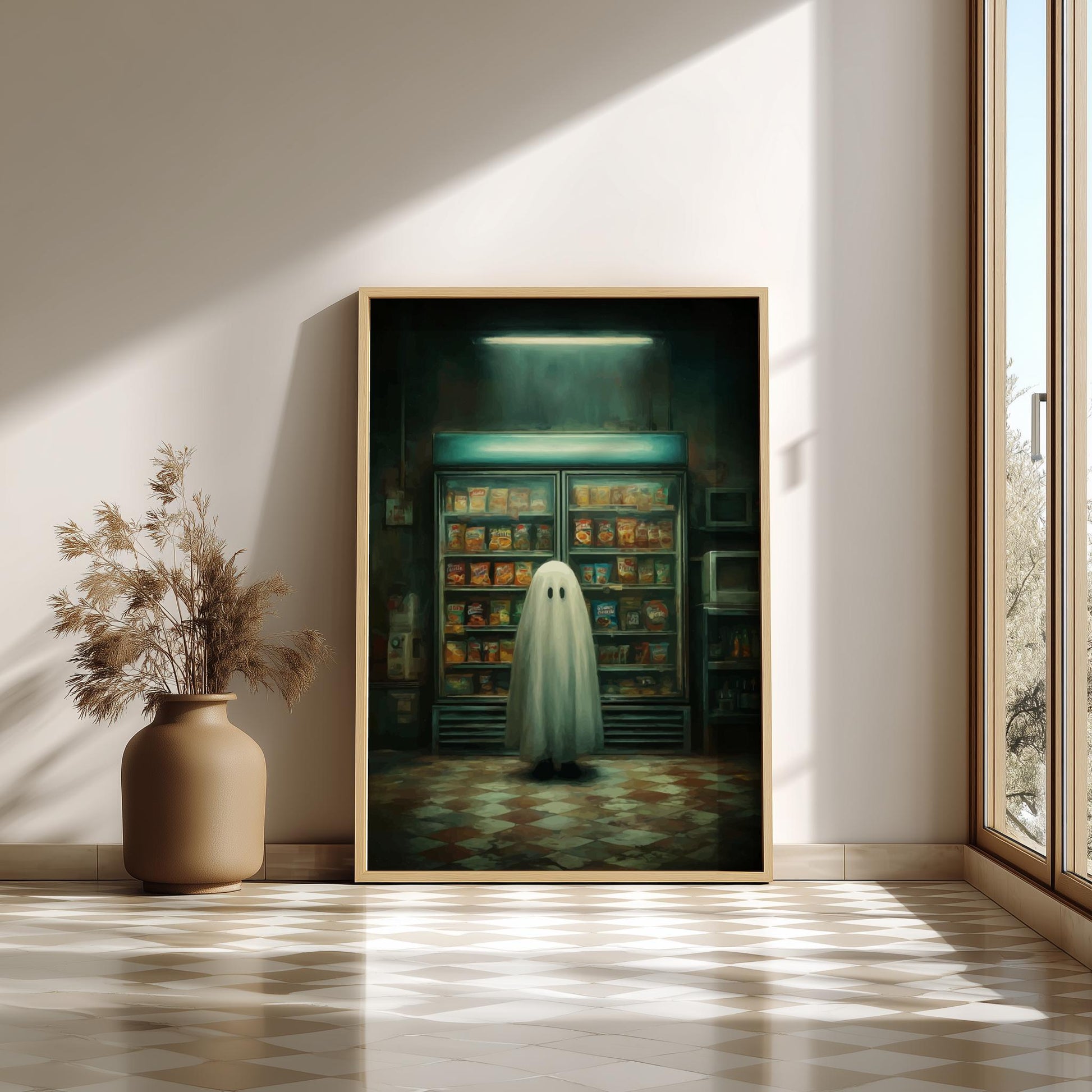 Ghost Convenience Store Poster - Nocturnal Noodle Haunt - Spooky 3AM Ghost Print, Surreal Dreamcore Wall Art