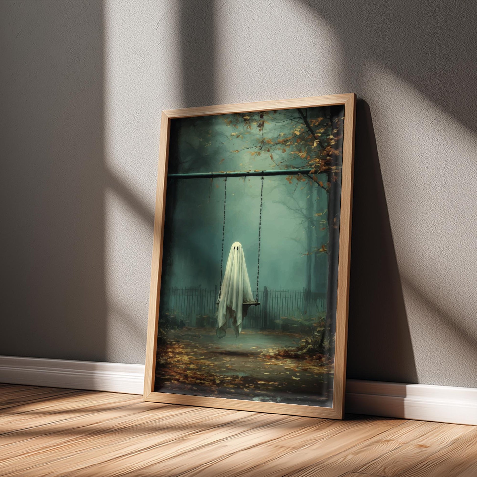 Ghost Swing Set Poster - Fading Playground Reverie - Surreal Aesthetic Wall Art, Dreamlike Ghost Decor, Liminal Space Print