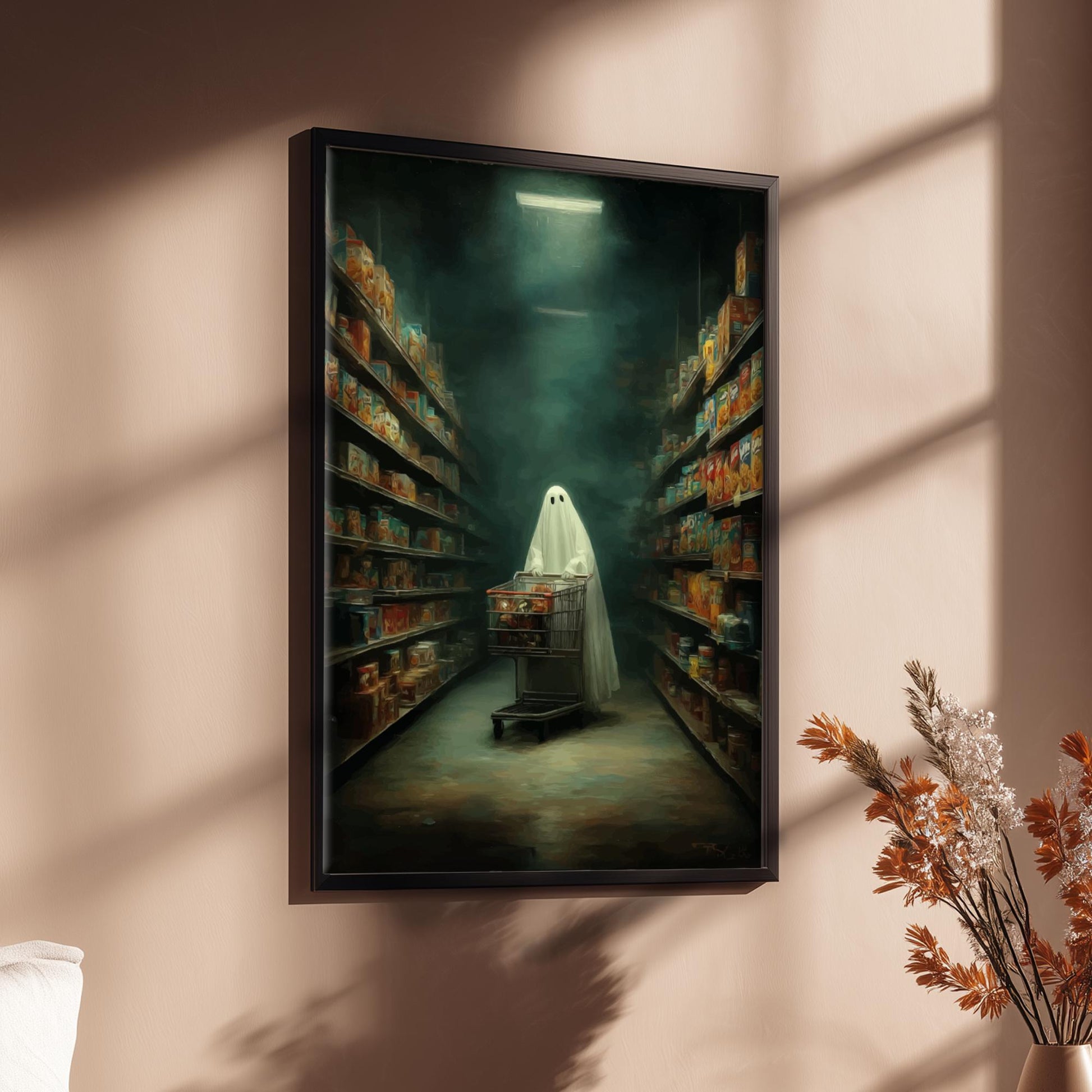 Ghost Grocery Store Poster - Midnight Market Haunt - Surreal Wall Art, Aesthetic Ghost Poster, Dreamlike Home Decor, Spooky Modern Art Print