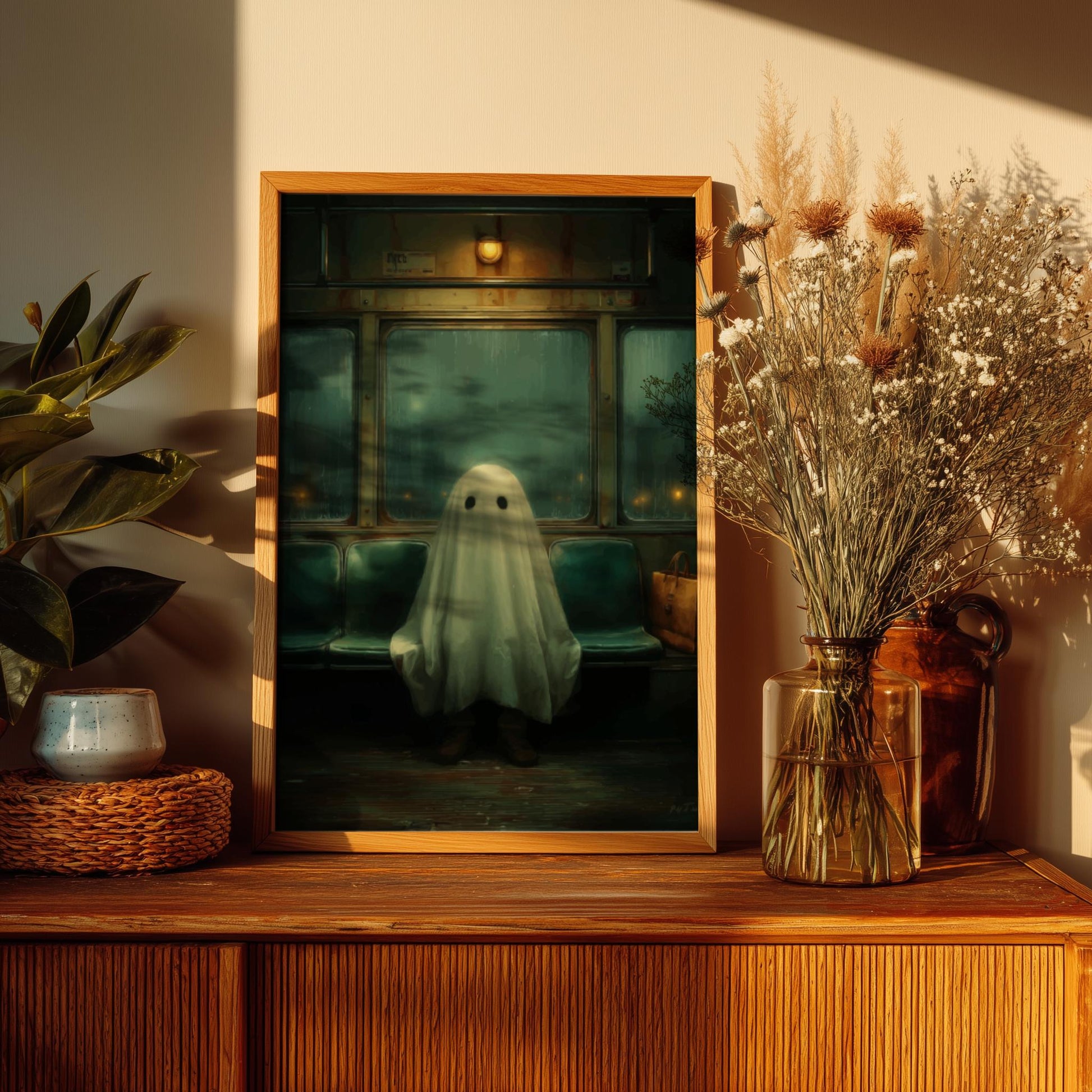 Ghost on the Bus Poster - Last Stop Lament - Surreal Wall Print, Ghostcore Aesthetic Art, Dreamlike Spooky Poster, Liminal Transit Scene