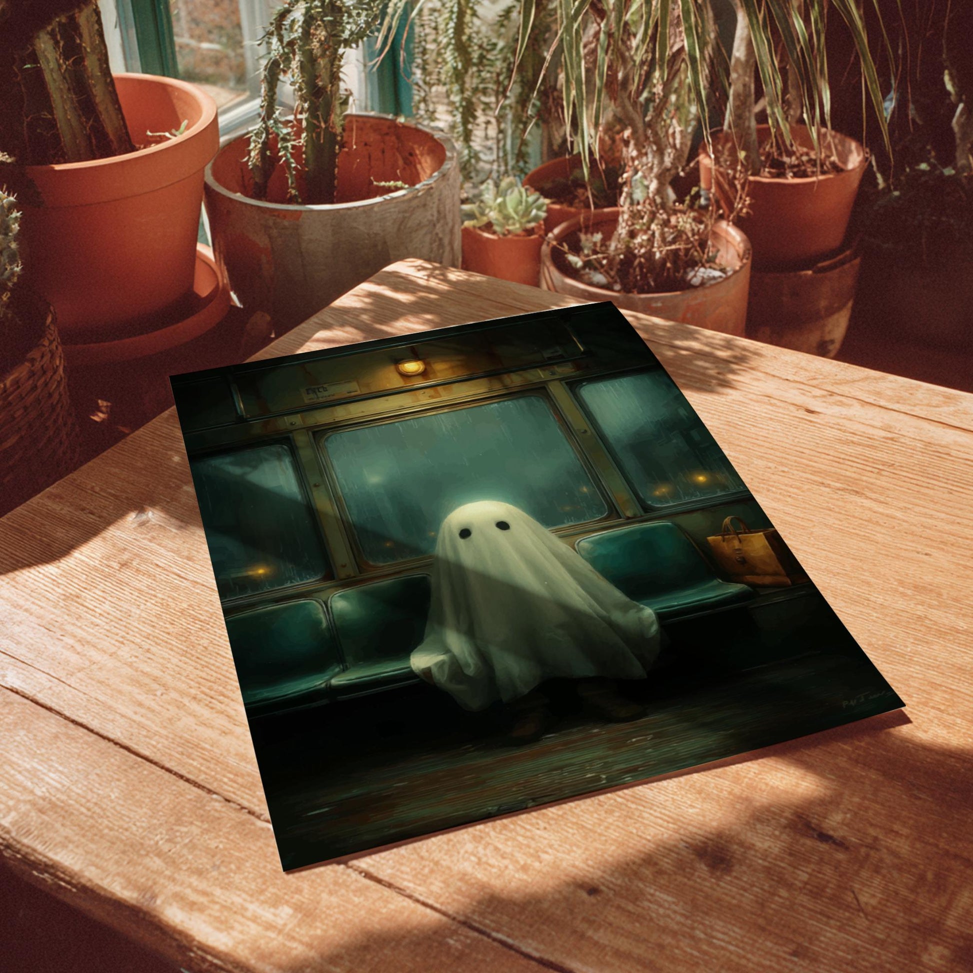 Ghost on the Bus Poster - Last Stop Lament - Surreal Wall Print, Ghostcore Aesthetic Art, Dreamlike Spooky Poster, Liminal Transit Scene