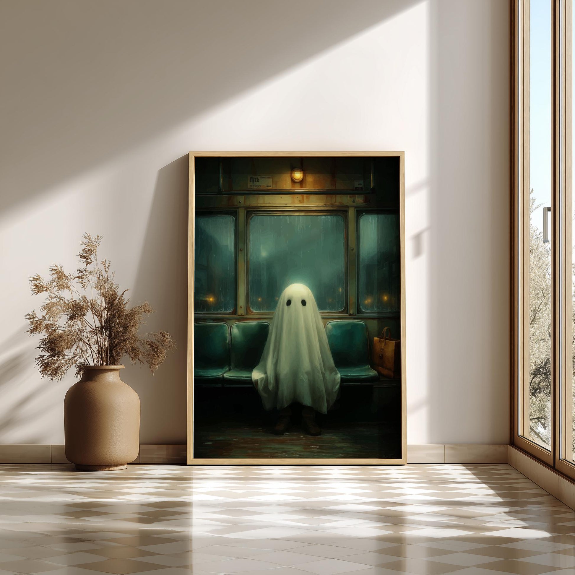 Ghost on the Bus Poster - Last Stop Lament - Surreal Wall Print, Ghostcore Aesthetic Art, Dreamlike Spooky Poster, Liminal Transit Scene