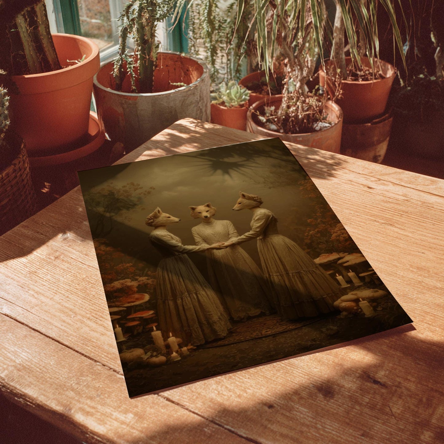 The Fox Sisters – Surreal Dark Forest Animal Ritual Art Print, Gothic Anthropomorphic Fox Witches, Vintage Woodland Wall Decor