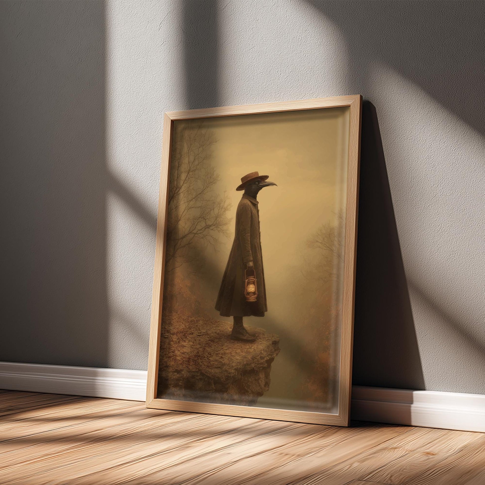 The Crow Watcher – Gothic Crow-Headed Figure Wall Art, Surreal Forest Guardian Print, Dark Academia Bird Illustration