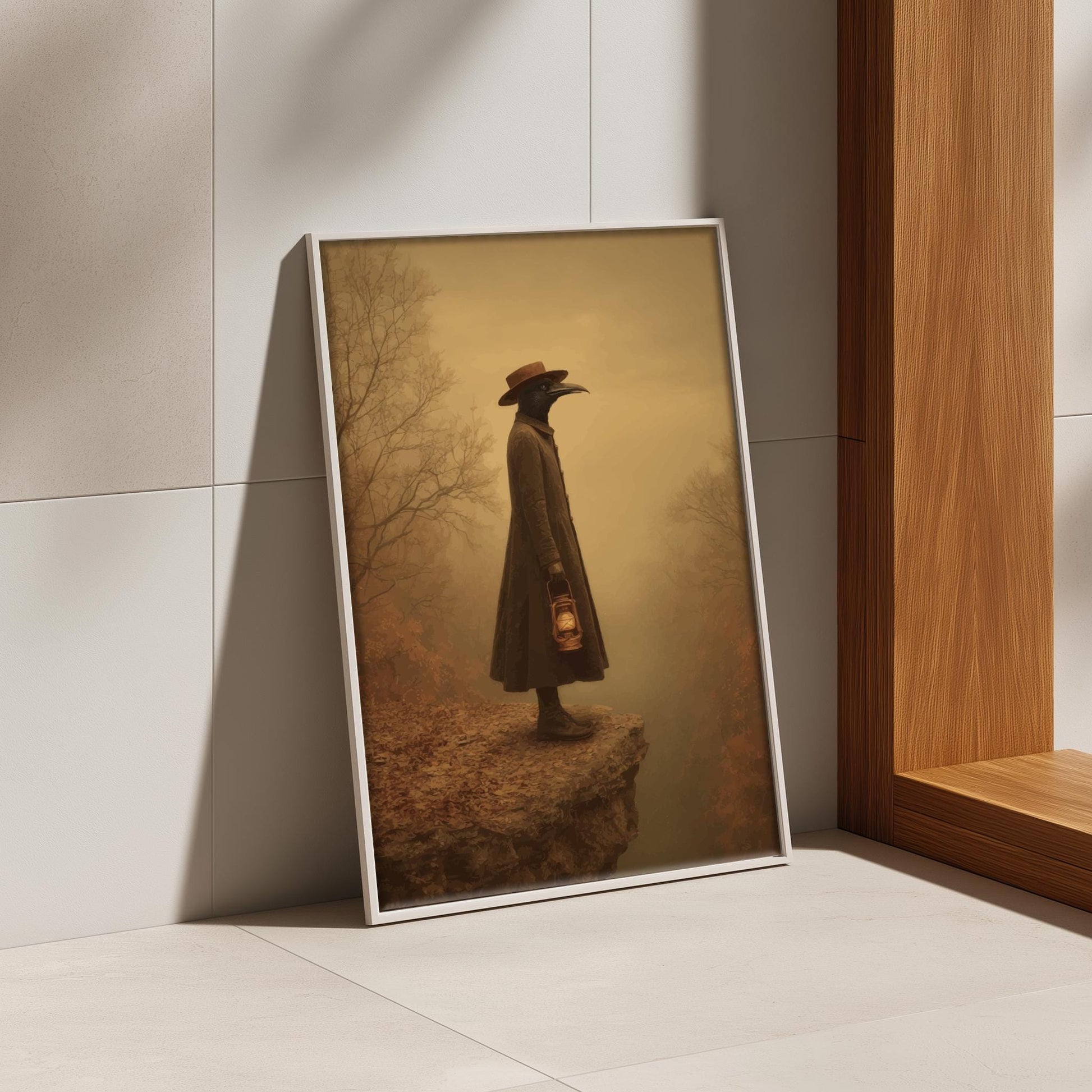 The Crow Watcher – Gothic Crow-Headed Figure Wall Art, Surreal Forest Guardian Print, Dark Academia Bird Illustration