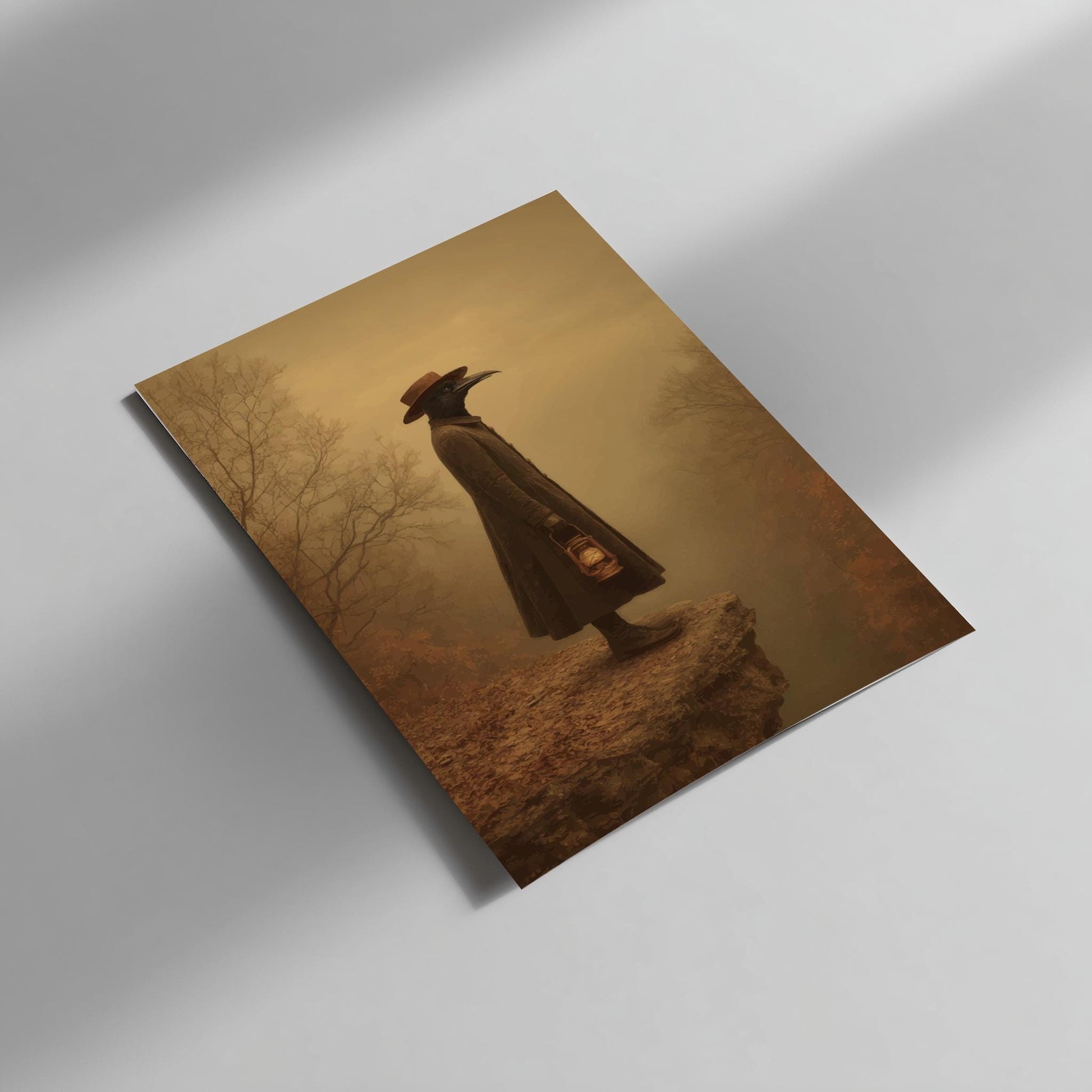The Crow Watcher – Gothic Crow-Headed Figure Wall Art, Surreal Forest Guardian Print, Dark Academia Bird Illustration