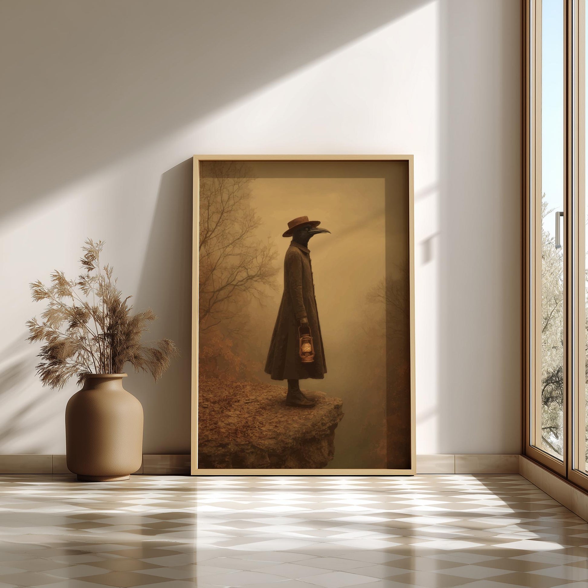 The Crow Watcher – Gothic Crow-Headed Figure Wall Art, Surreal Forest Guardian Print, Dark Academia Bird Illustration