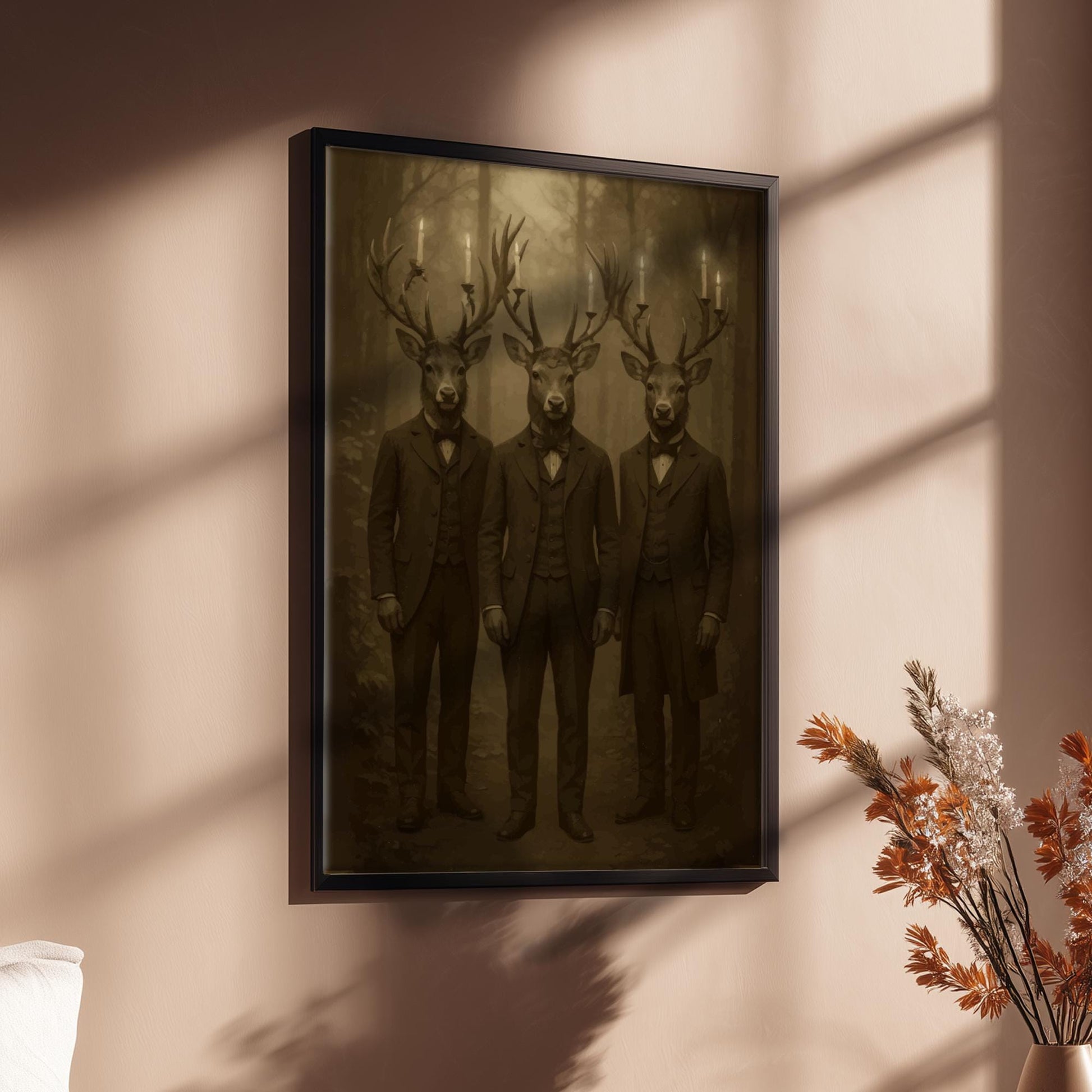 The Stag Gentlemen – Victorian Deer Wall Art, Gothic Woodland Stag Trio Print, Surreal Dark Forest Animal Decor