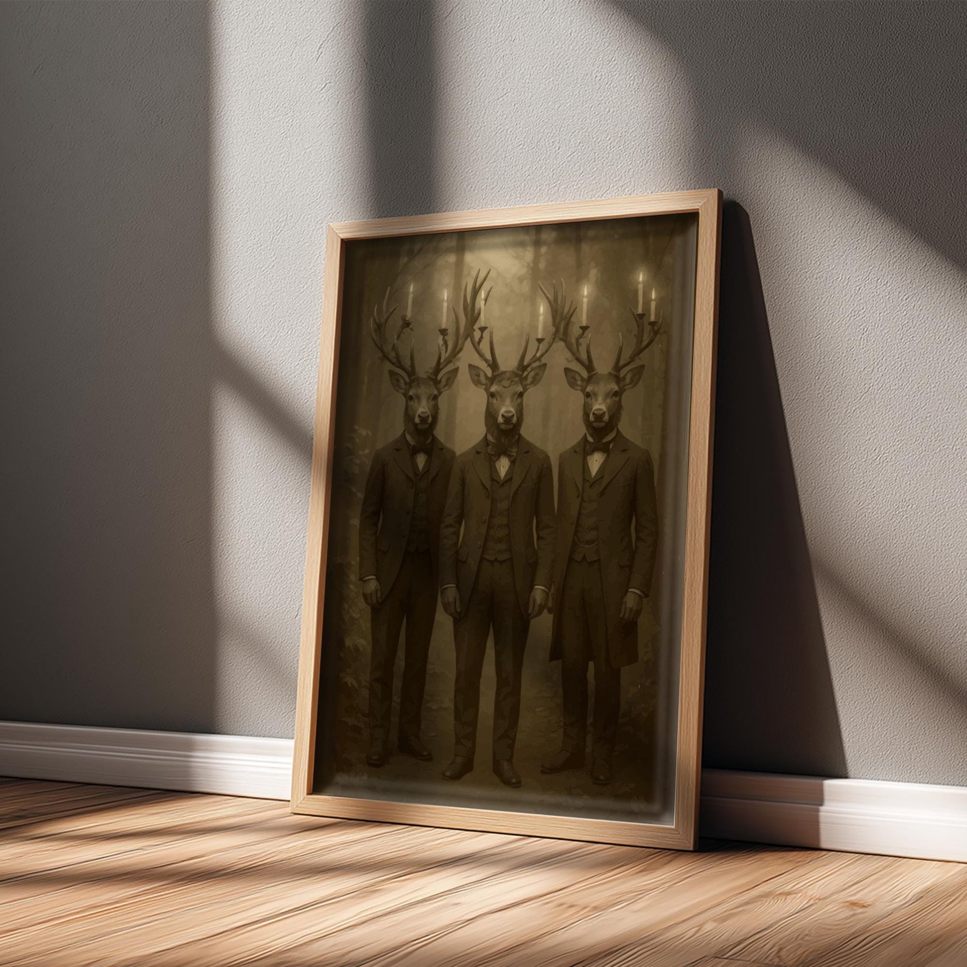 The Stag Gentlemen – Victorian Deer Wall Art, Gothic Woodland Stag Trio Print, Surreal Dark Forest Animal Decor