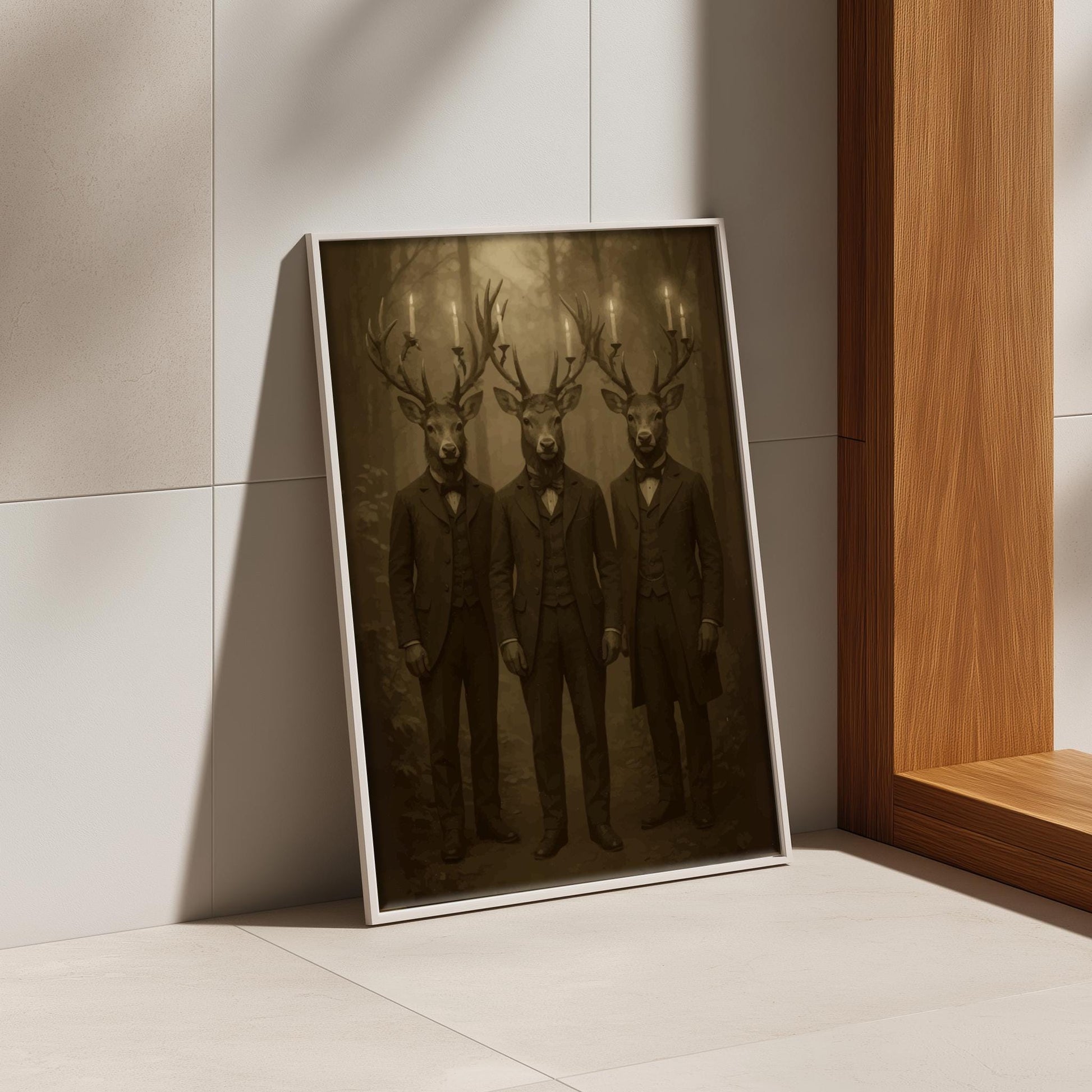 The Stag Gentlemen – Victorian Deer Wall Art, Gothic Woodland Stag Trio Print, Surreal Dark Forest Animal Decor