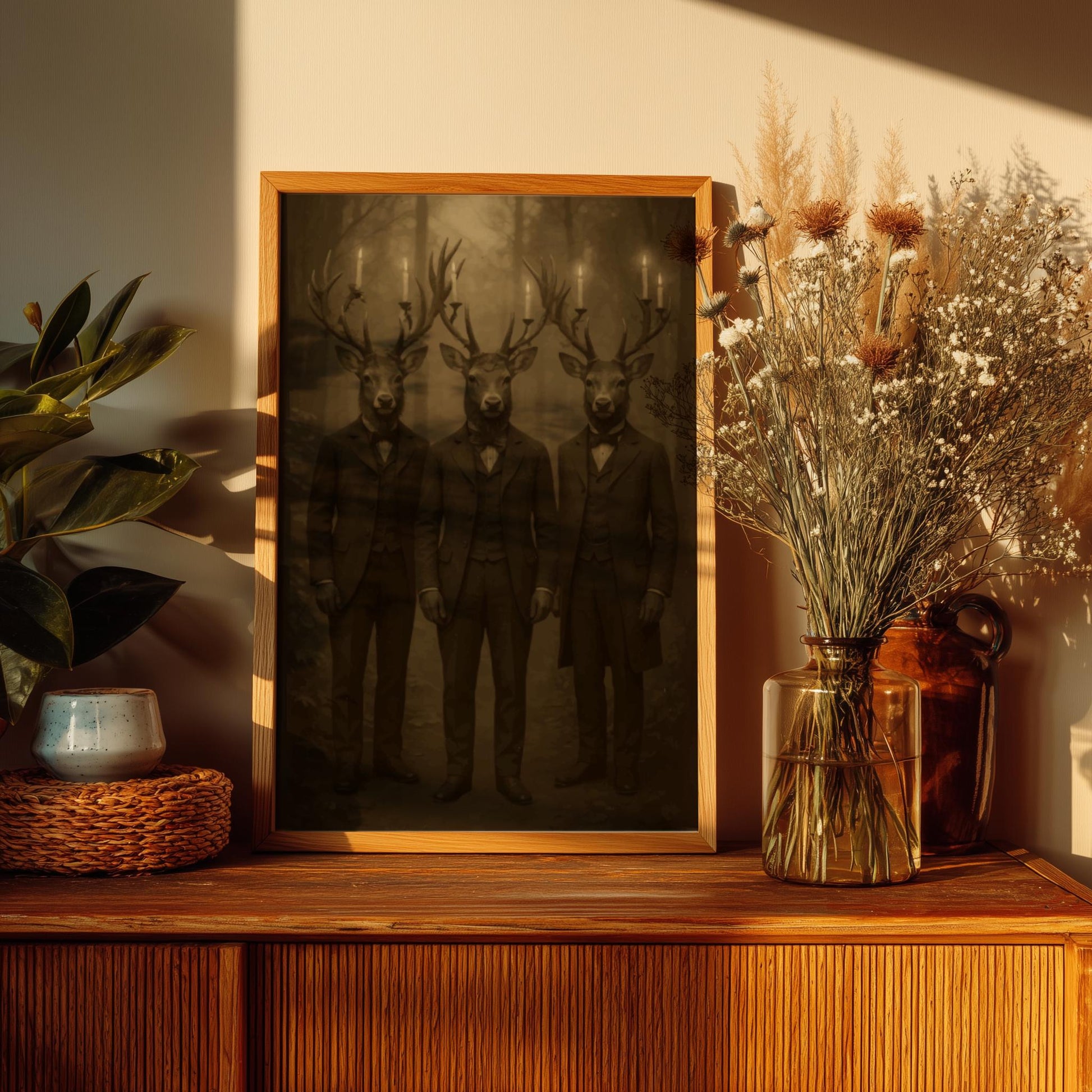 The Stag Gentlemen – Victorian Deer Wall Art, Gothic Woodland Stag Trio Print, Surreal Dark Forest Animal Decor