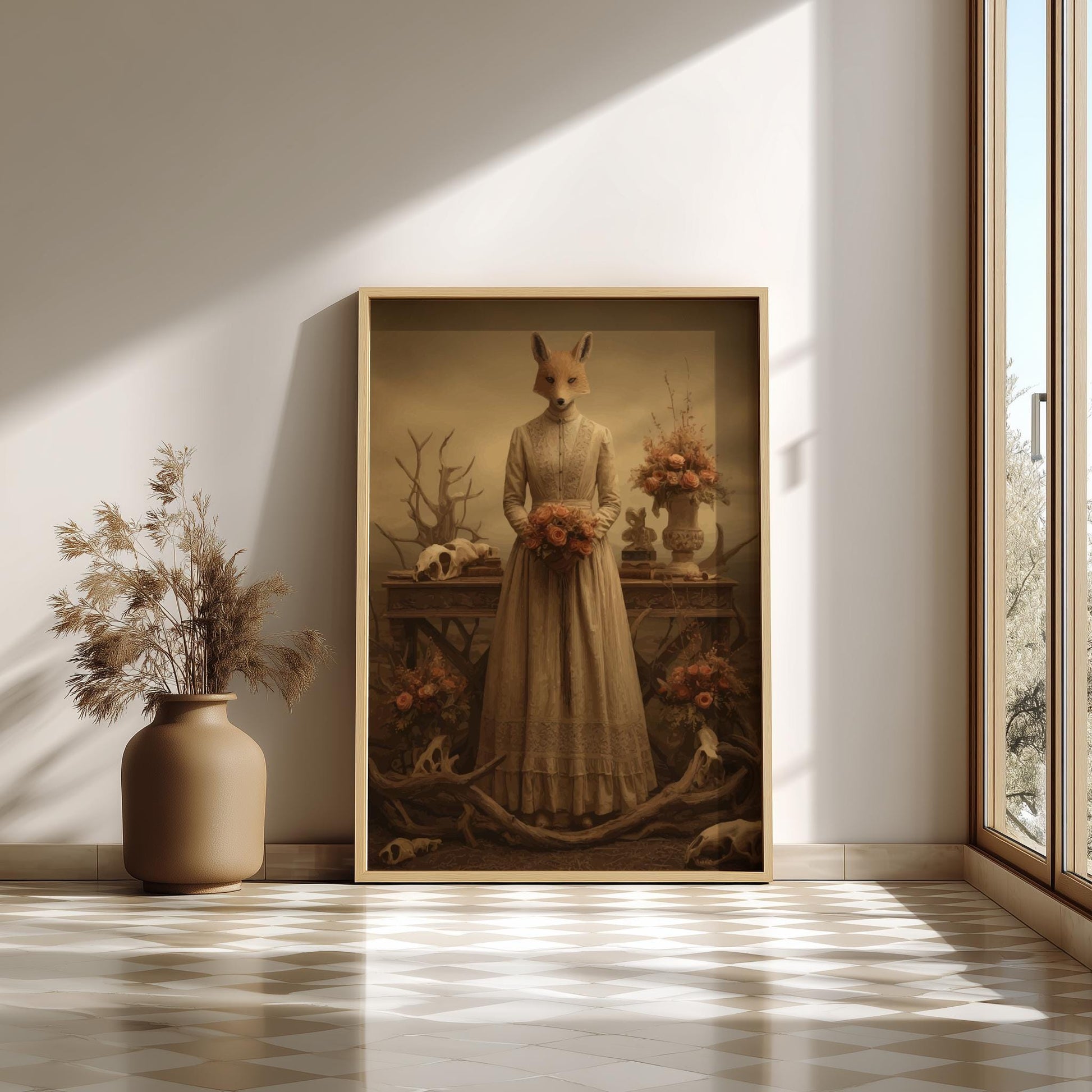 The Fox Bride – Surreal Animal Wedding Wall Art, Gothic Fox-Headed Bride Print, Dark Forest Wedding Poster