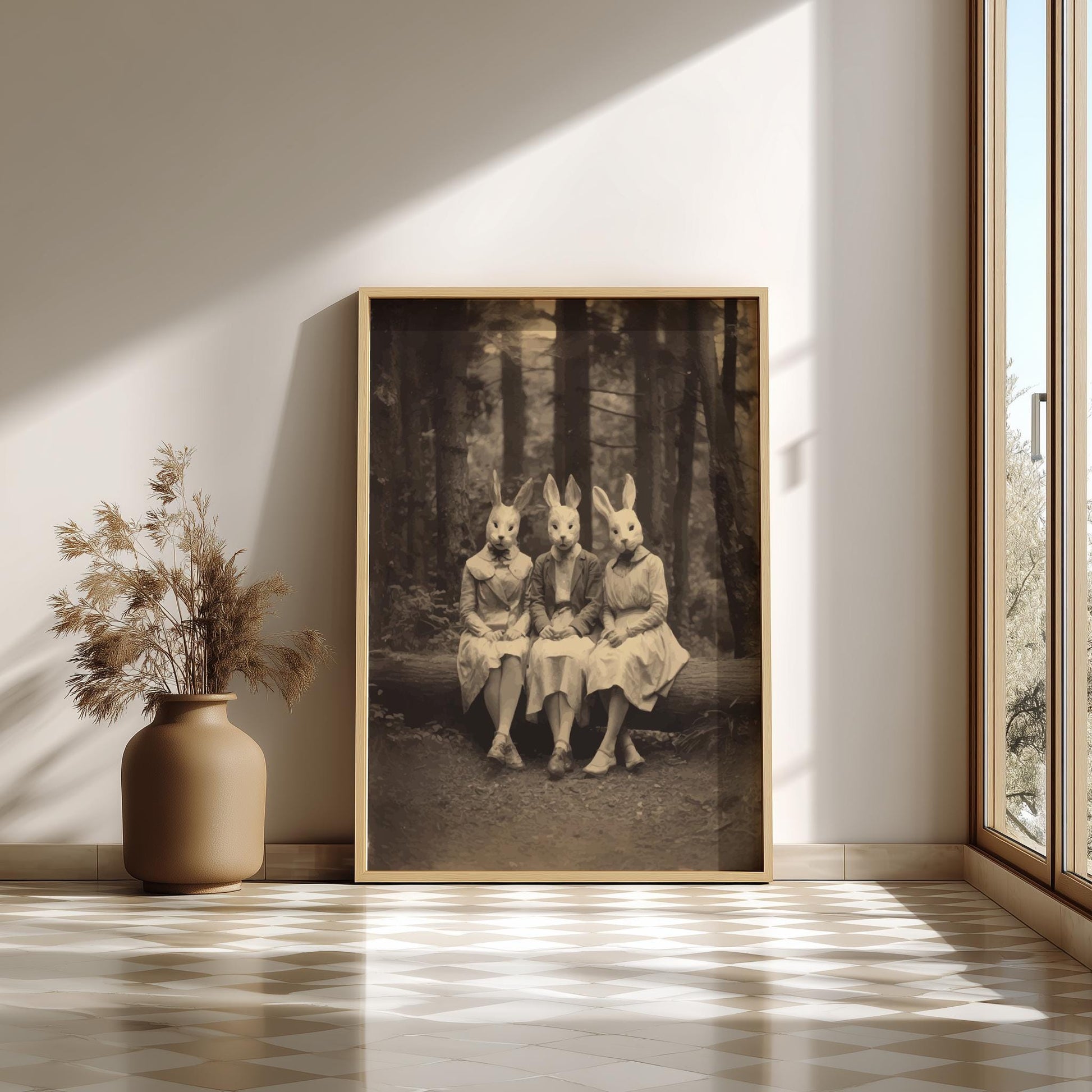 The Rabbit Sisters – Surreal Rabbit Wall Art, Anthropomorphic Animal Sisters Poster, Dark Woodland Bunny Print