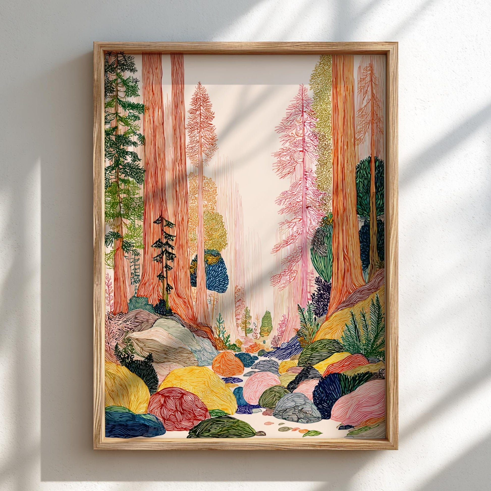 Fogbound Giants - Pastel Mountain Landscape Art Print - Whimsical Nature Wall Decor Poster