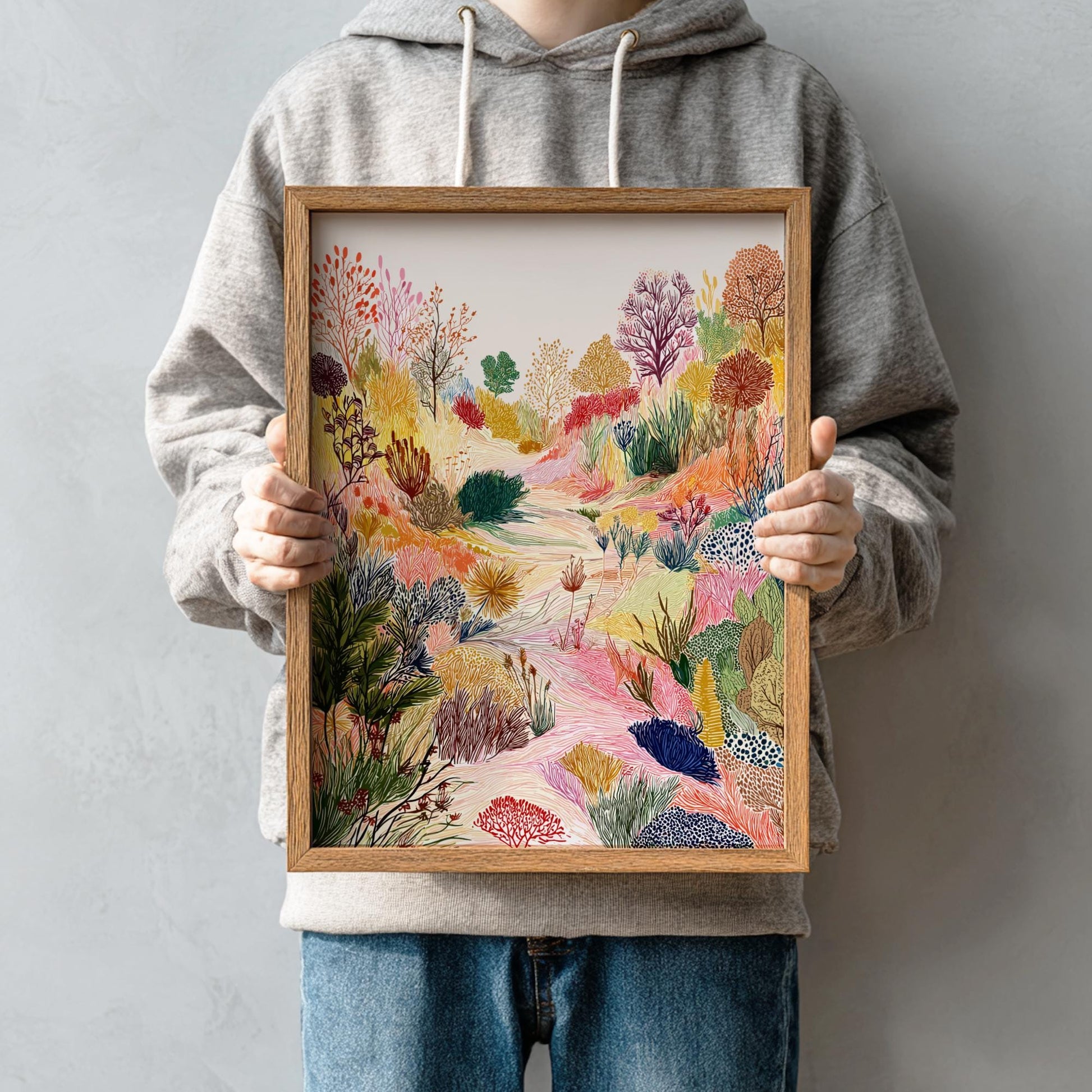Whirlwind Meadow - Pastel Meadow Landscape Art Print - Whimsical Nature Wall Decor Poster