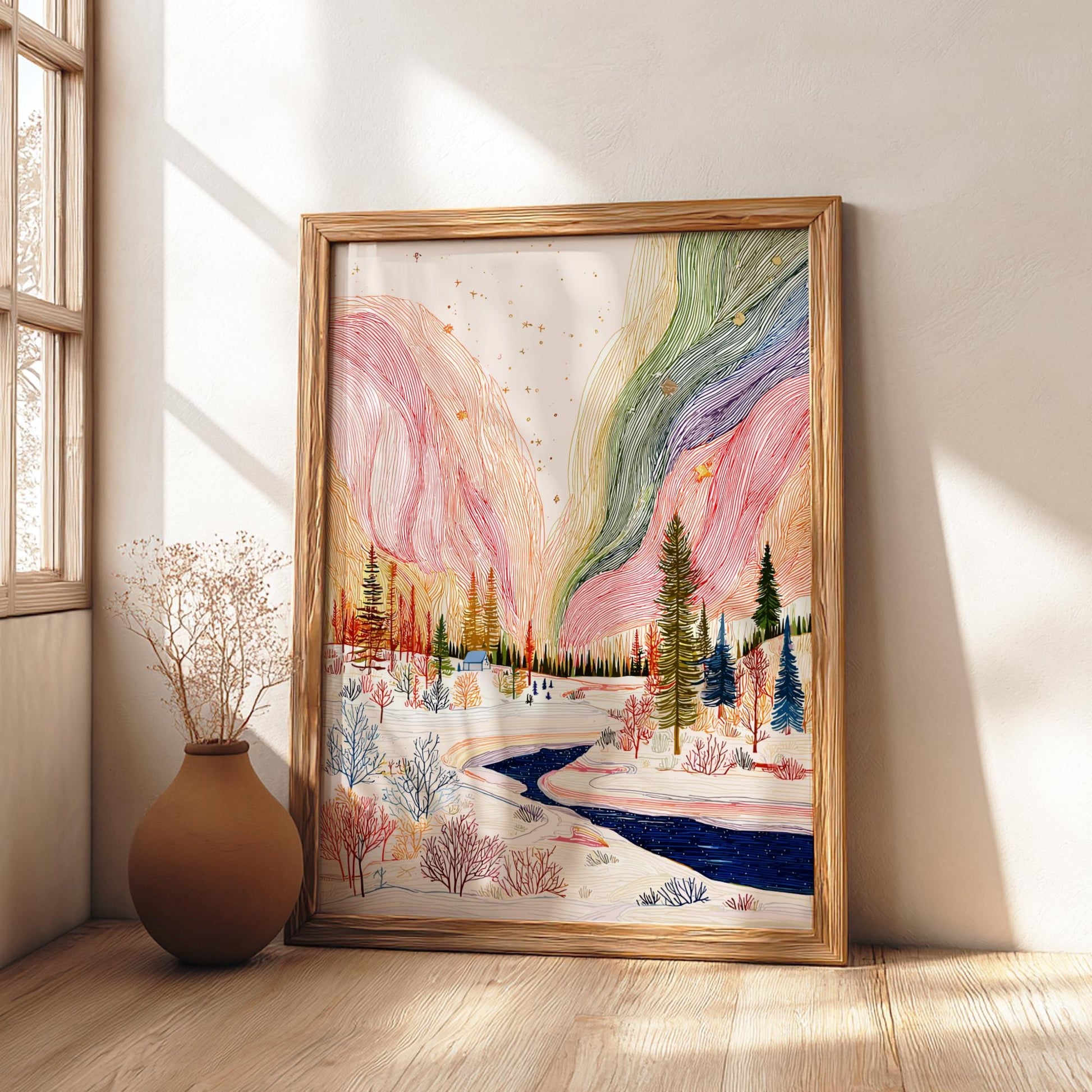 Aurora Veil - Pastel Aurora Landscape Art Print - Ethereal Nature Wall Decor Poster