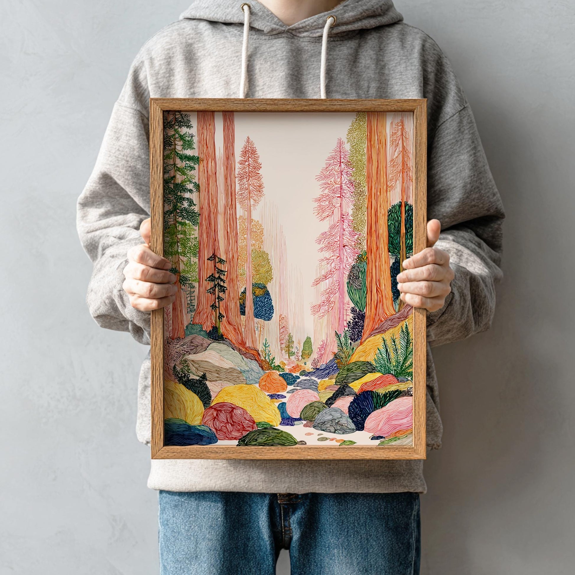 Fogbound Giants - Pastel Mountain Landscape Art Print - Whimsical Nature Wall Decor Poster