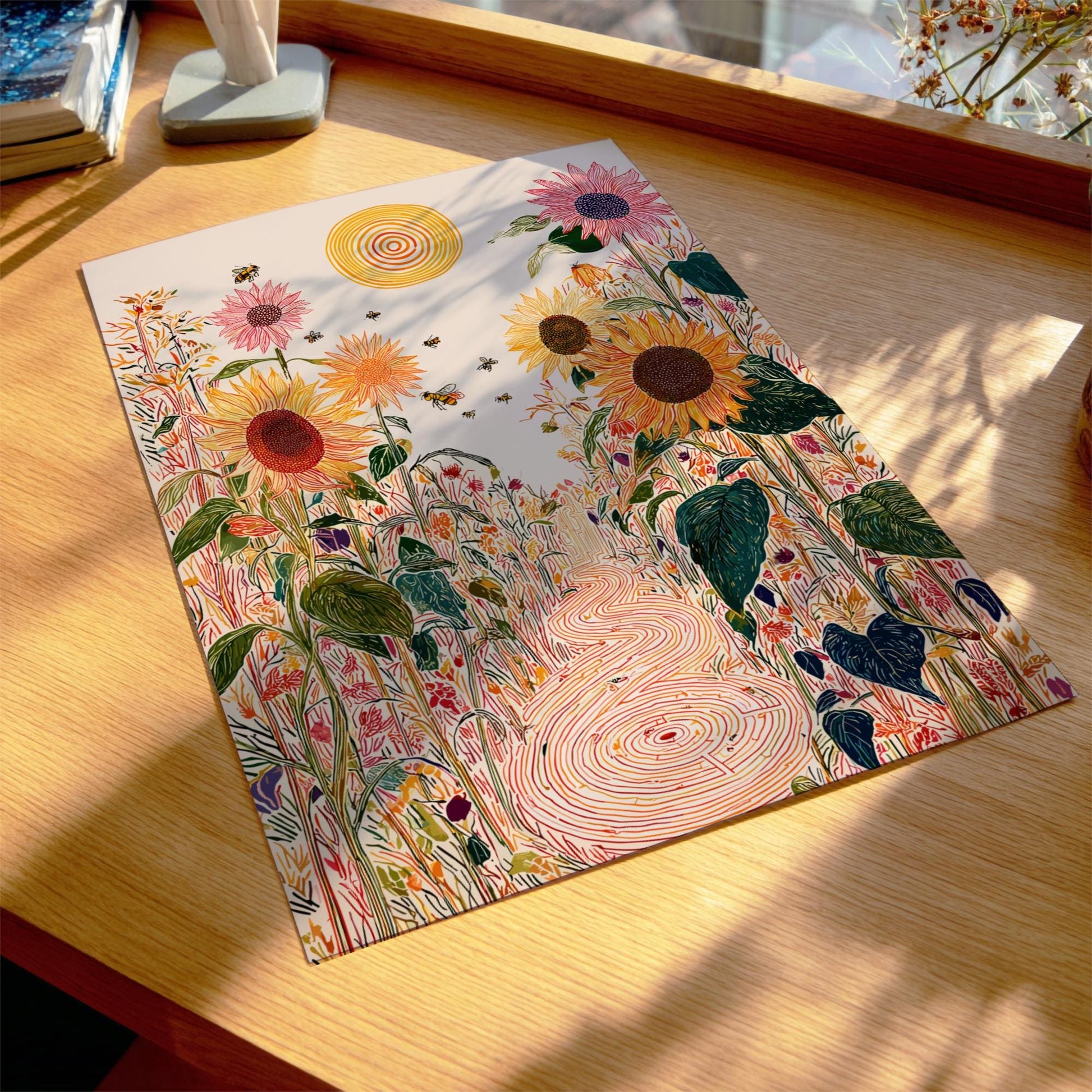 Sunflower Enigma - Pastel Sunflower Landscape Art Print - Whimsical Nature Wall Decor Poster